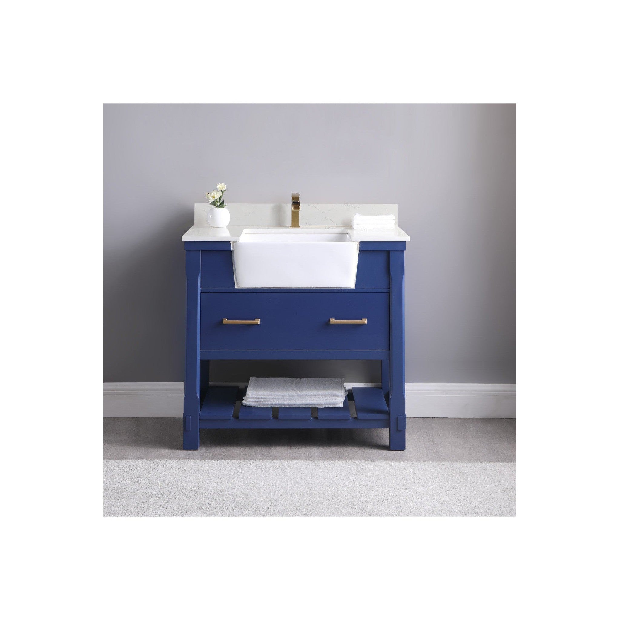 Georgia 36" Single Bathroom Vanity Set in Jewelry Blue and Composite Carrara White Stone Top with White Farmhouse Basin without Mirror