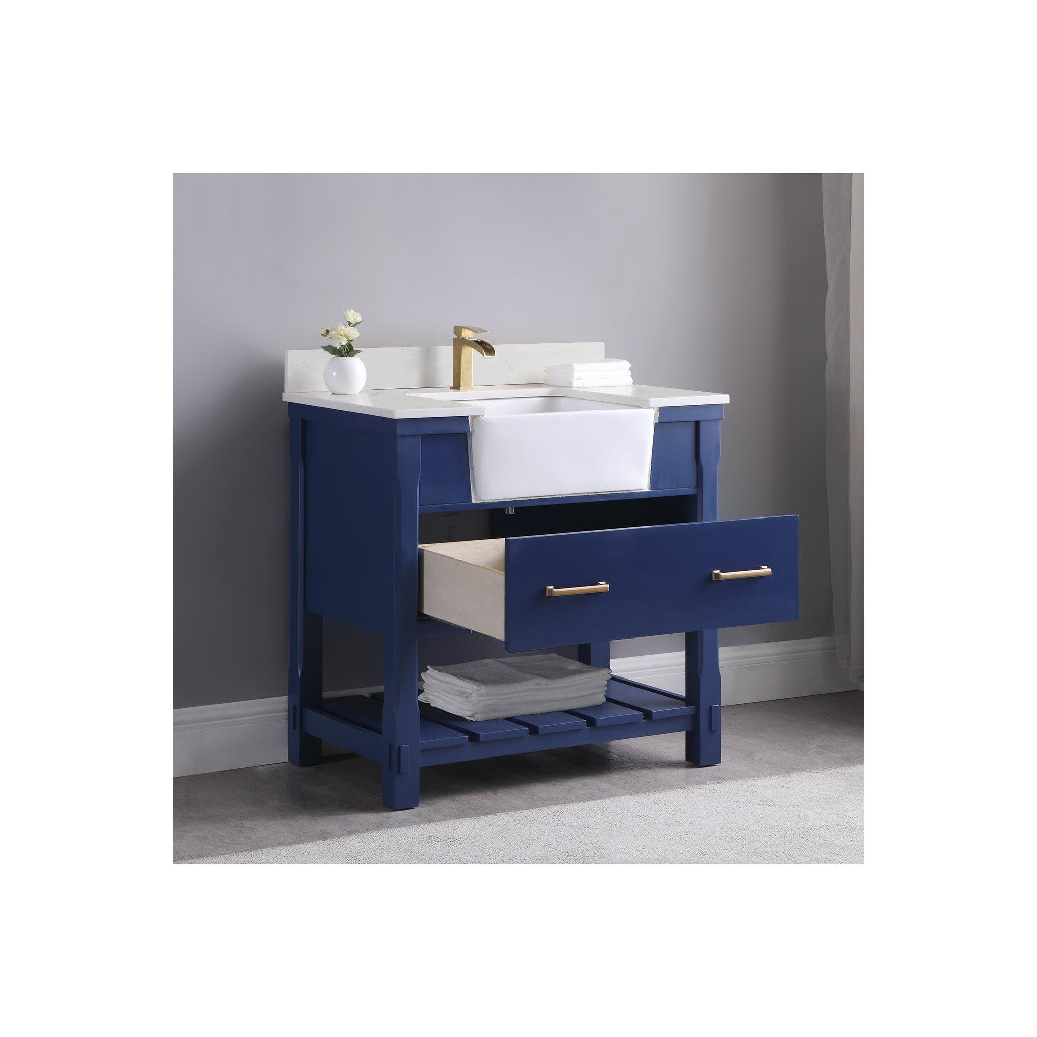 Georgia 36" Single Bathroom Vanity Set in Jewelry Blue and Composite Carrara White Stone Top with White Farmhouse Basin without Mirror