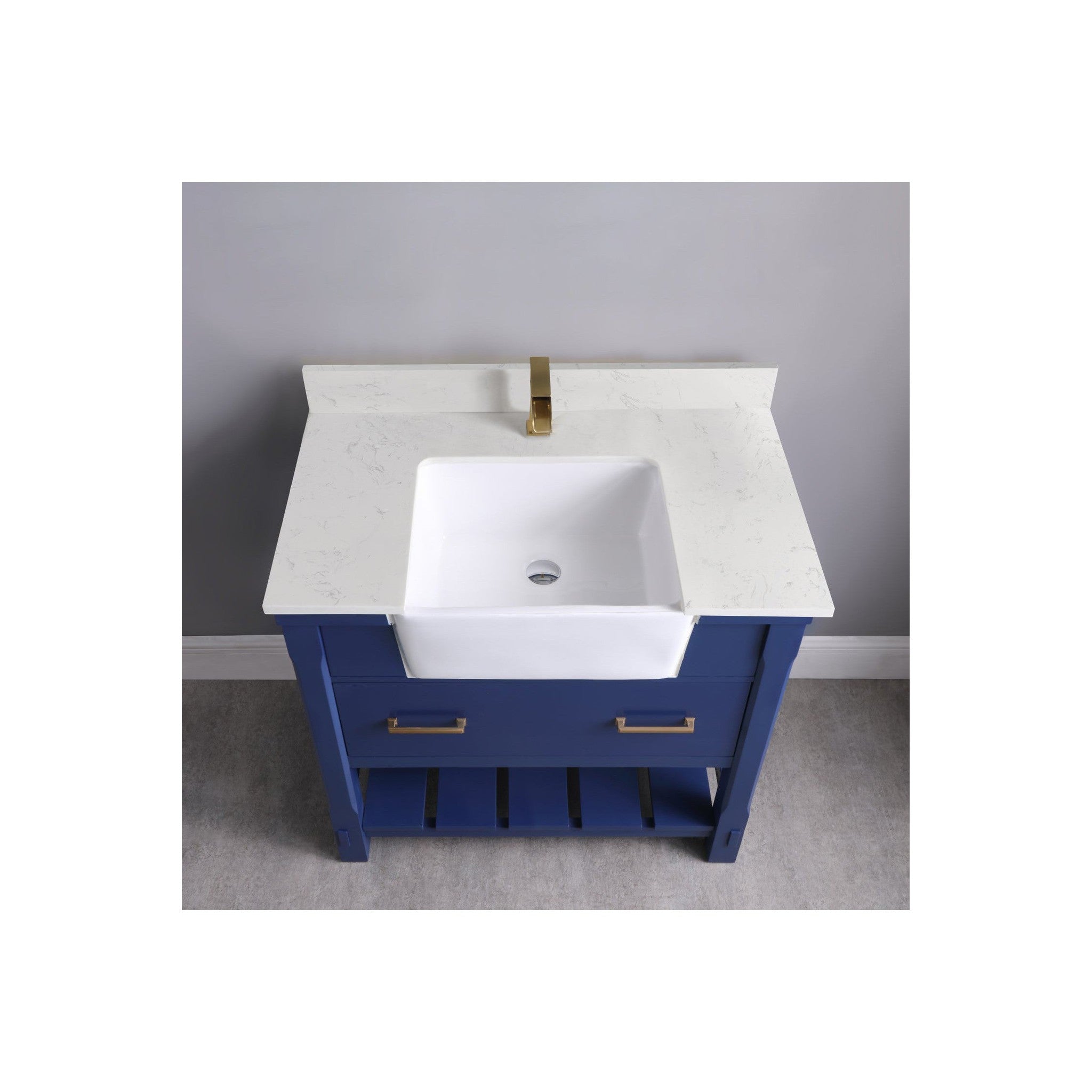 Georgia 36" Single Bathroom Vanity Set in Jewelry Blue and Composite Carrara White Stone Top with White Farmhouse Basin without Mirror