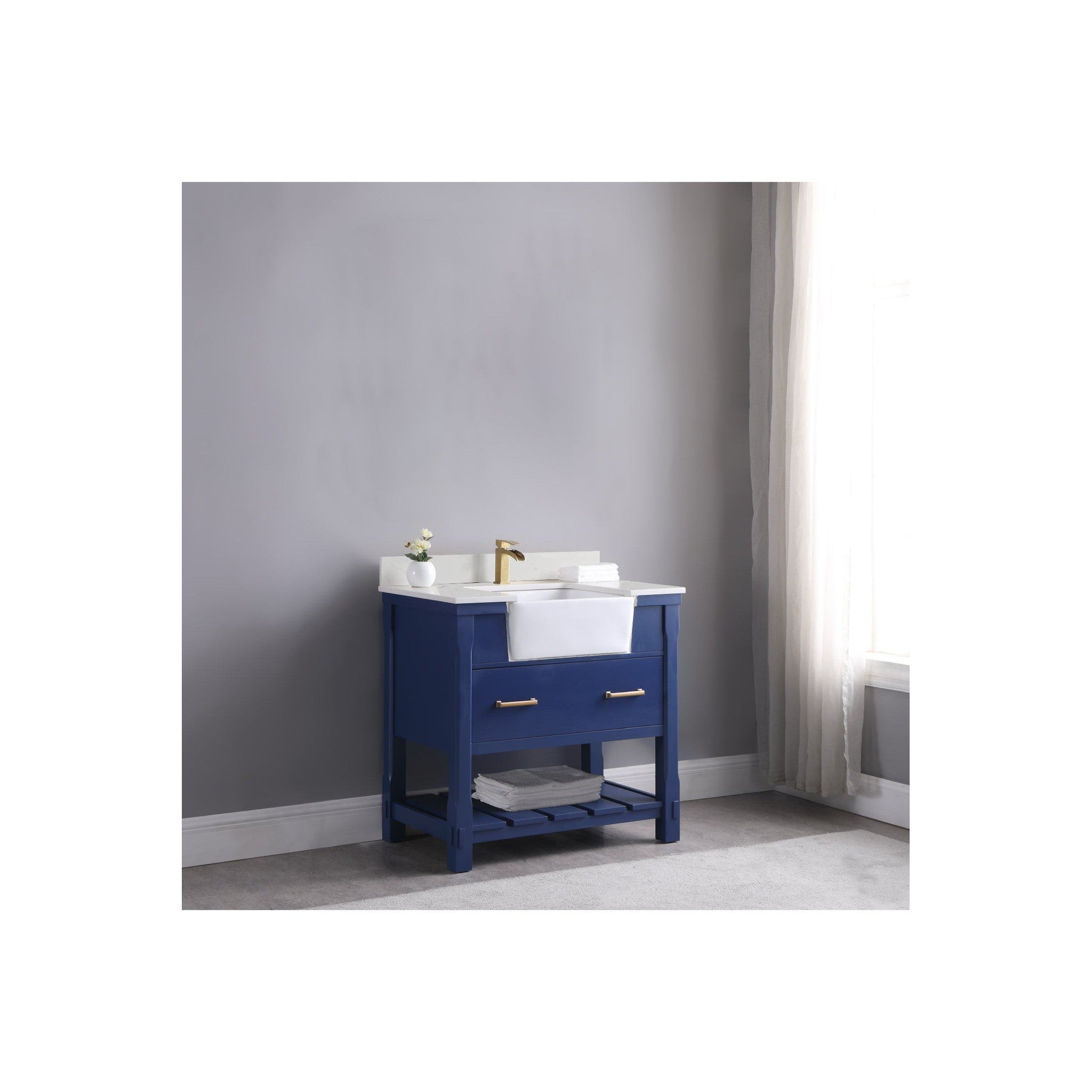 Georgia 36" Single Bathroom Vanity Set in Jewelry Blue and Composite Carrara White Stone Top with White Farmhouse Basin without Mirror