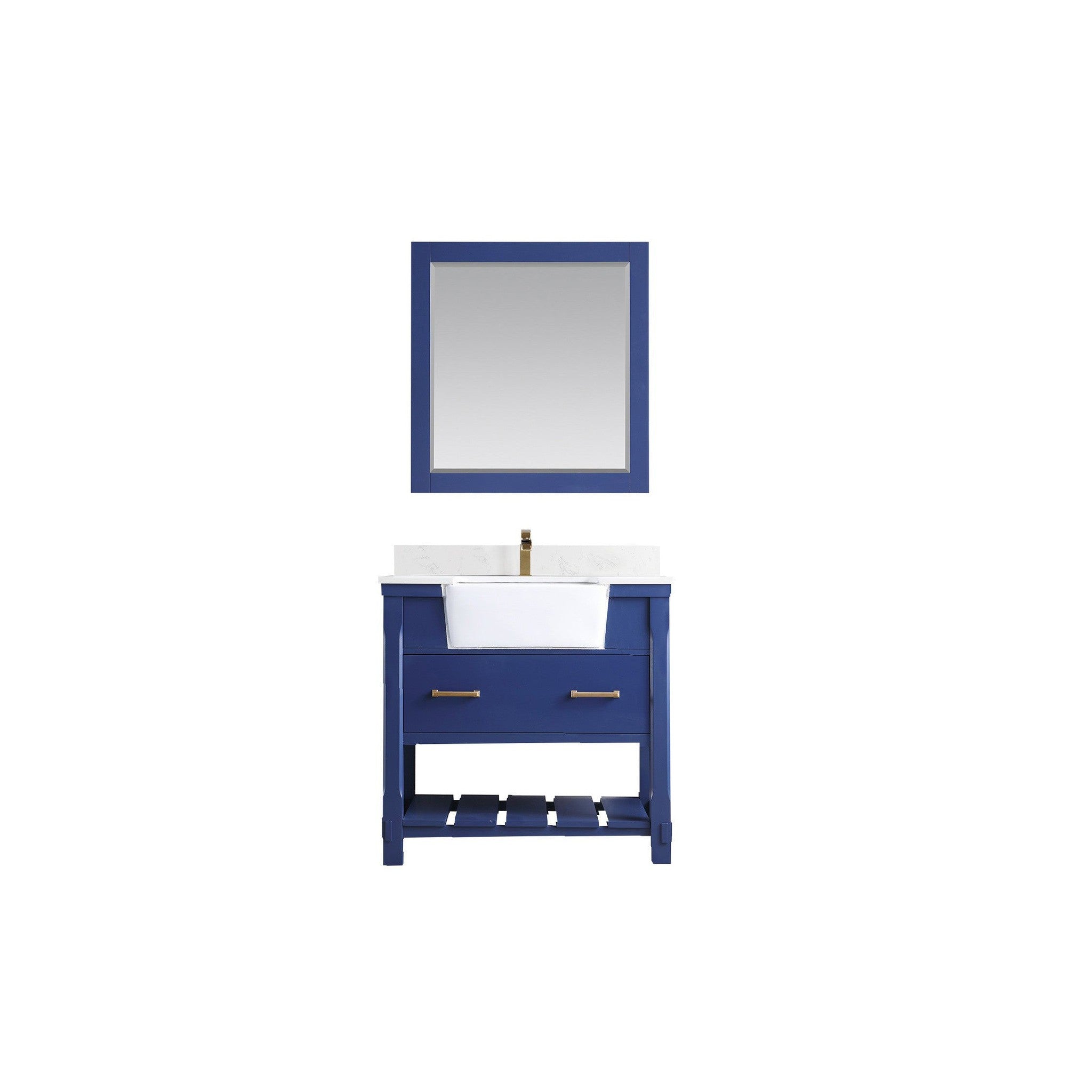 Georgia 36" Single Bathroom Vanity Set in Jewelry Blue and Composite Carrara White Stone Top with White Farmhouse Basin with Mirror