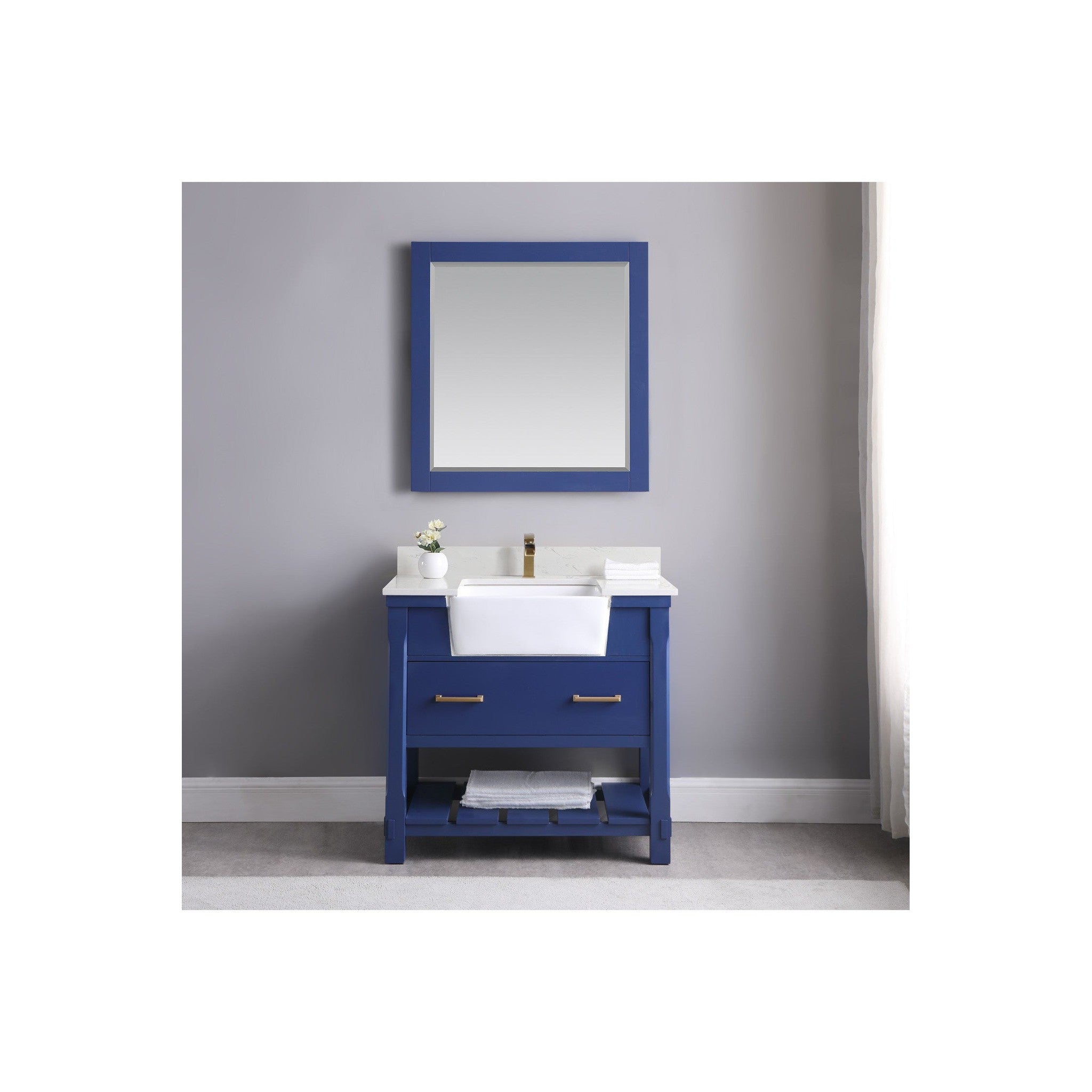 Georgia 36" Single Bathroom Vanity Set in Jewelry Blue and Composite Carrara White Stone Top with White Farmhouse Basin with Mirror