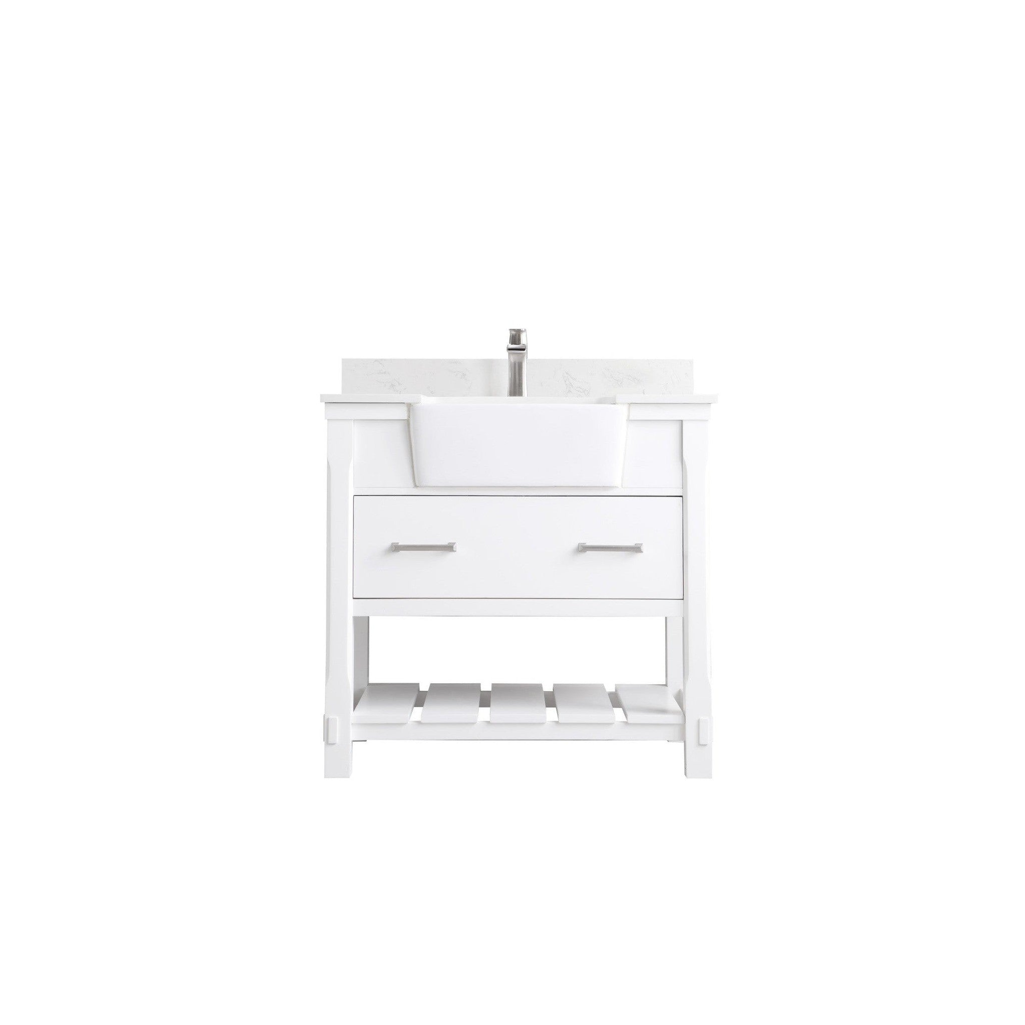 Georgia 36" Single Bathroom Vanity Set in White and Composite Carrara White Stone Top with White Farmhouse Basin without Mirror