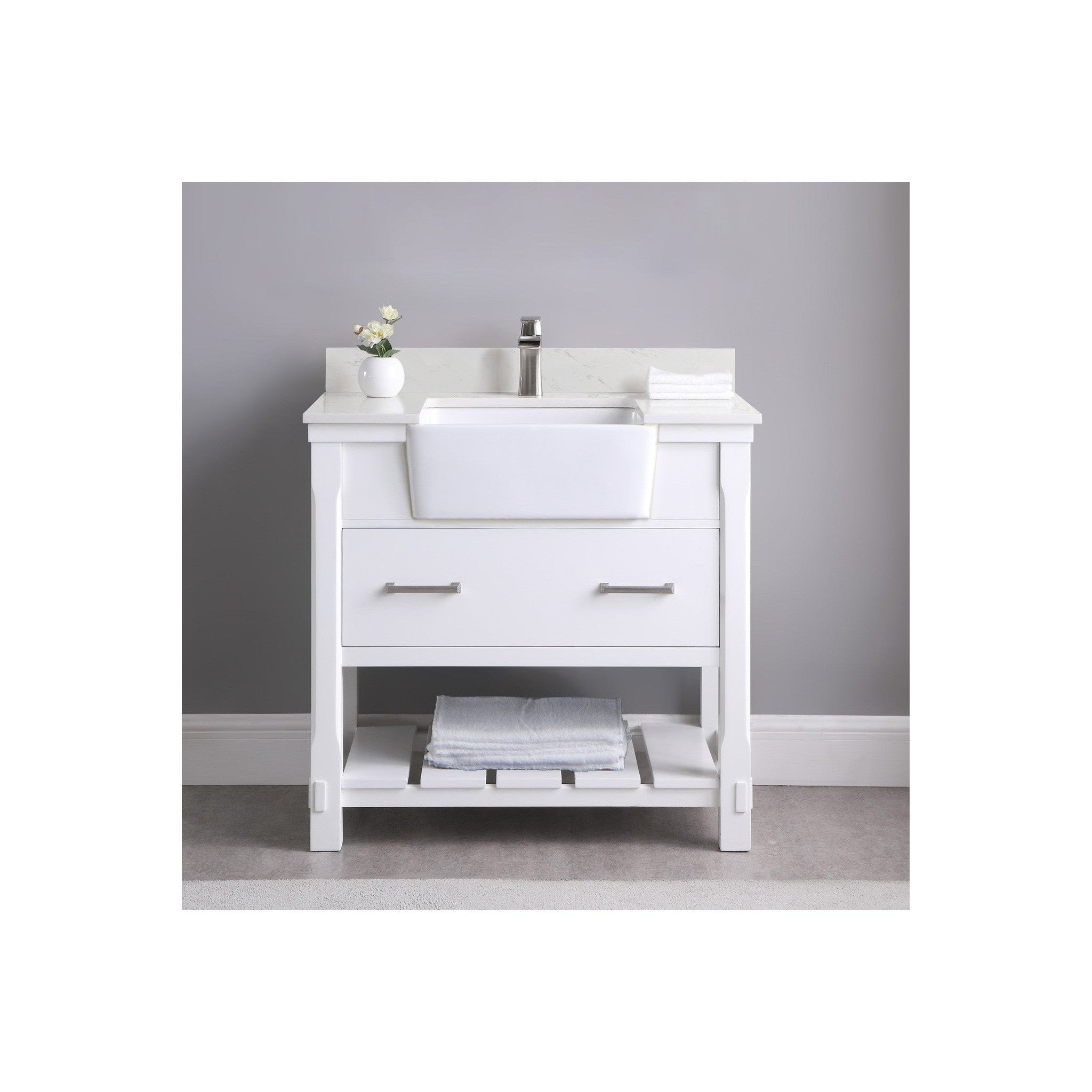 Georgia 36" Single Bathroom Vanity Set in White and Composite Carrara White Stone Top with White Farmhouse Basin without Mirror