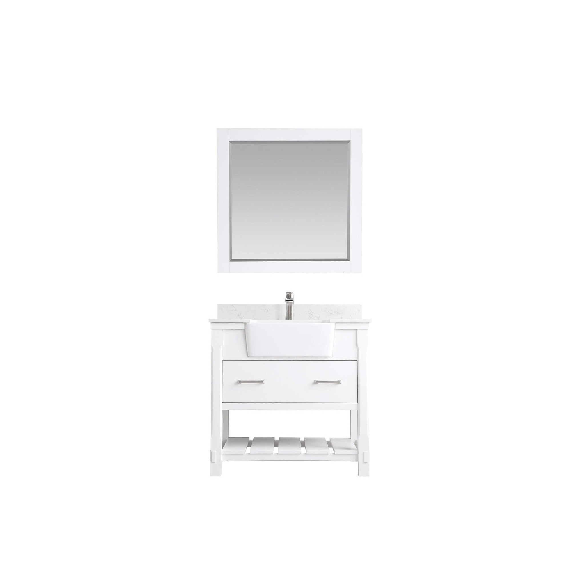 Georgia 36" Single Bathroom Vanity Set in White and Composite Carrara White Stone Top with White Farmhouse Basin with Mirror