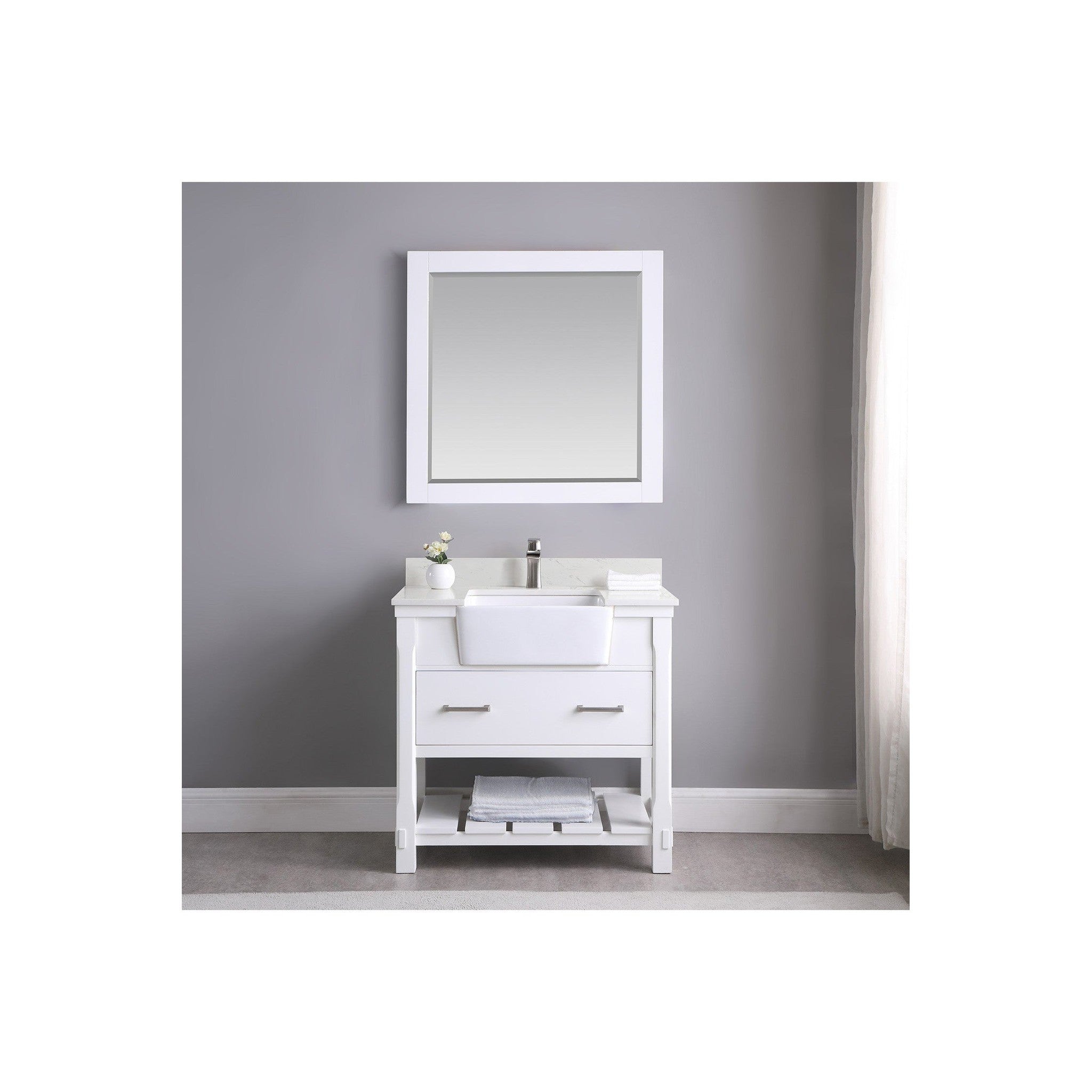 Georgia 36" Single Bathroom Vanity Set in White and Composite Carrara White Stone Top with White Farmhouse Basin with Mirror