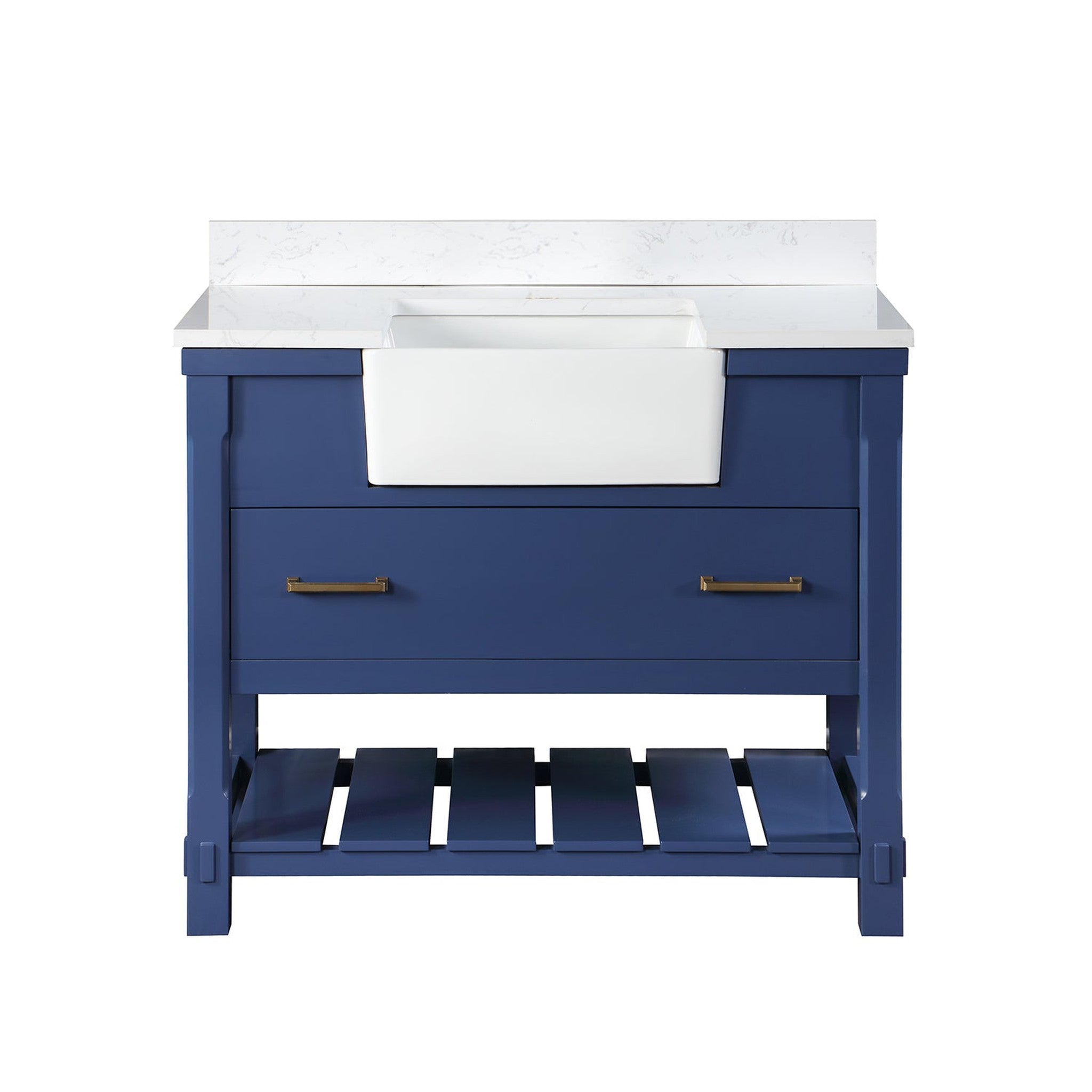 Georgia 42" Single Bathroom Vanity Set in Jewelry Blue and Composite Carrara White Stone Top with White Farmhouse Basin without Mirror