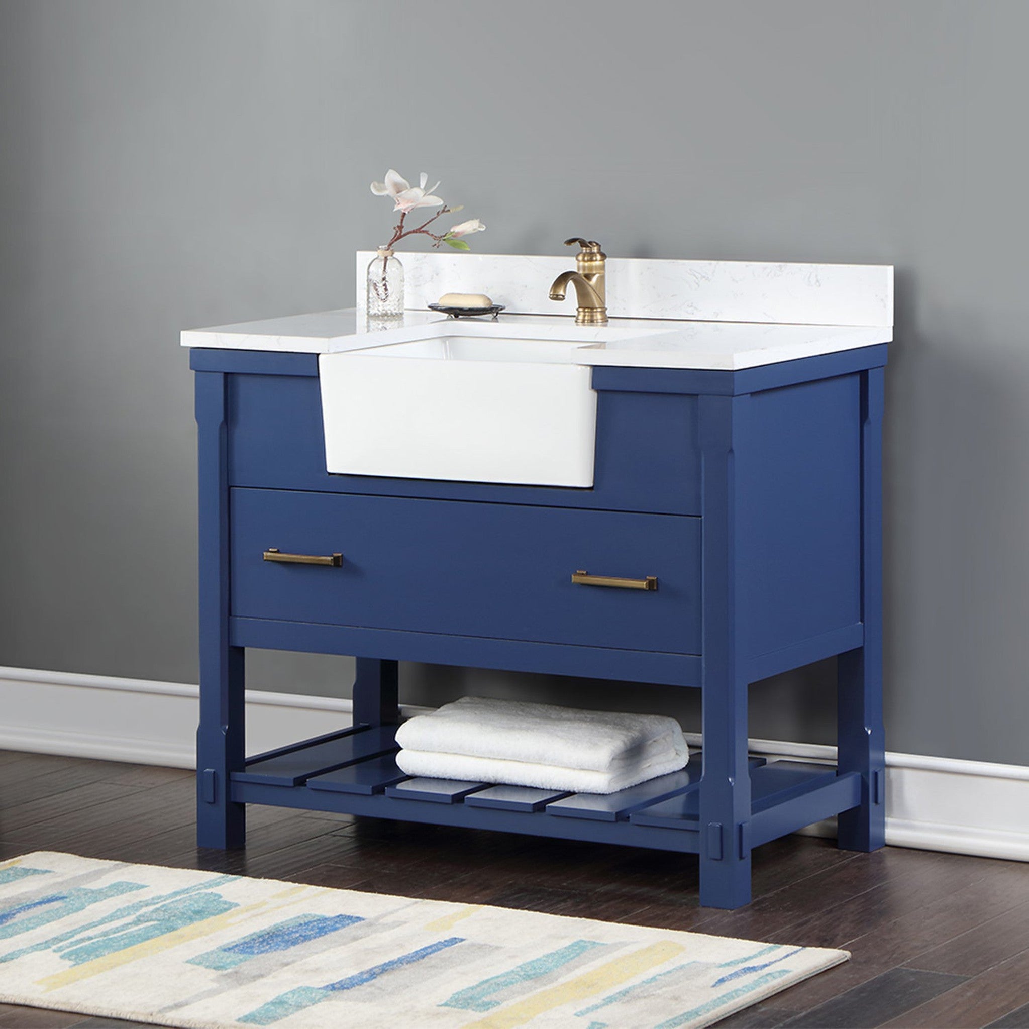 Georgia 42" Single Bathroom Vanity Set in Jewelry Blue and Composite Carrara White Stone Top with White Farmhouse Basin without Mirror