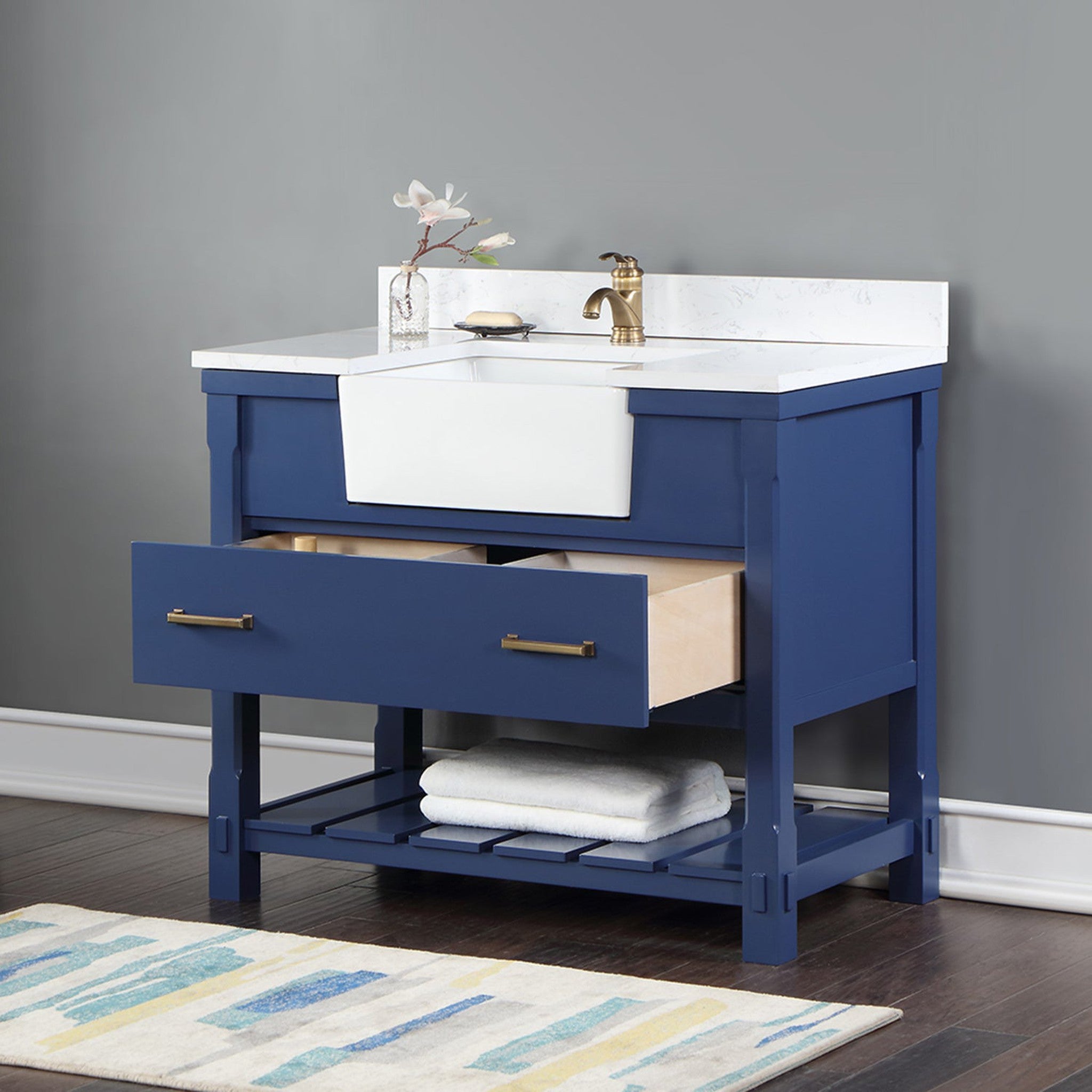 Georgia 42" Single Bathroom Vanity Set in Jewelry Blue and Composite Carrara White Stone Top with White Farmhouse Basin without Mirror