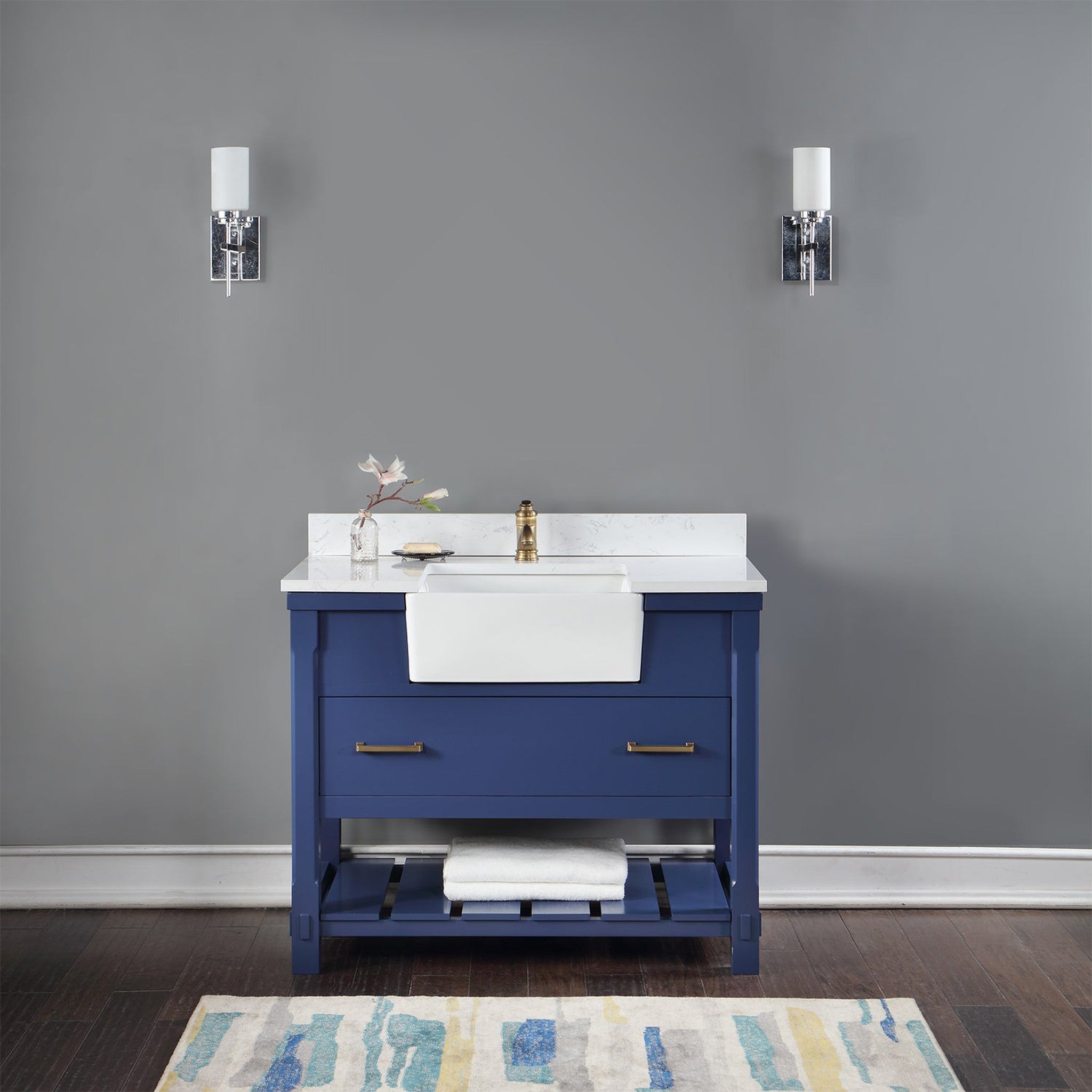 Georgia 42" Single Bathroom Vanity Set in Jewelry Blue and Composite Carrara White Stone Top with White Farmhouse Basin without Mirror