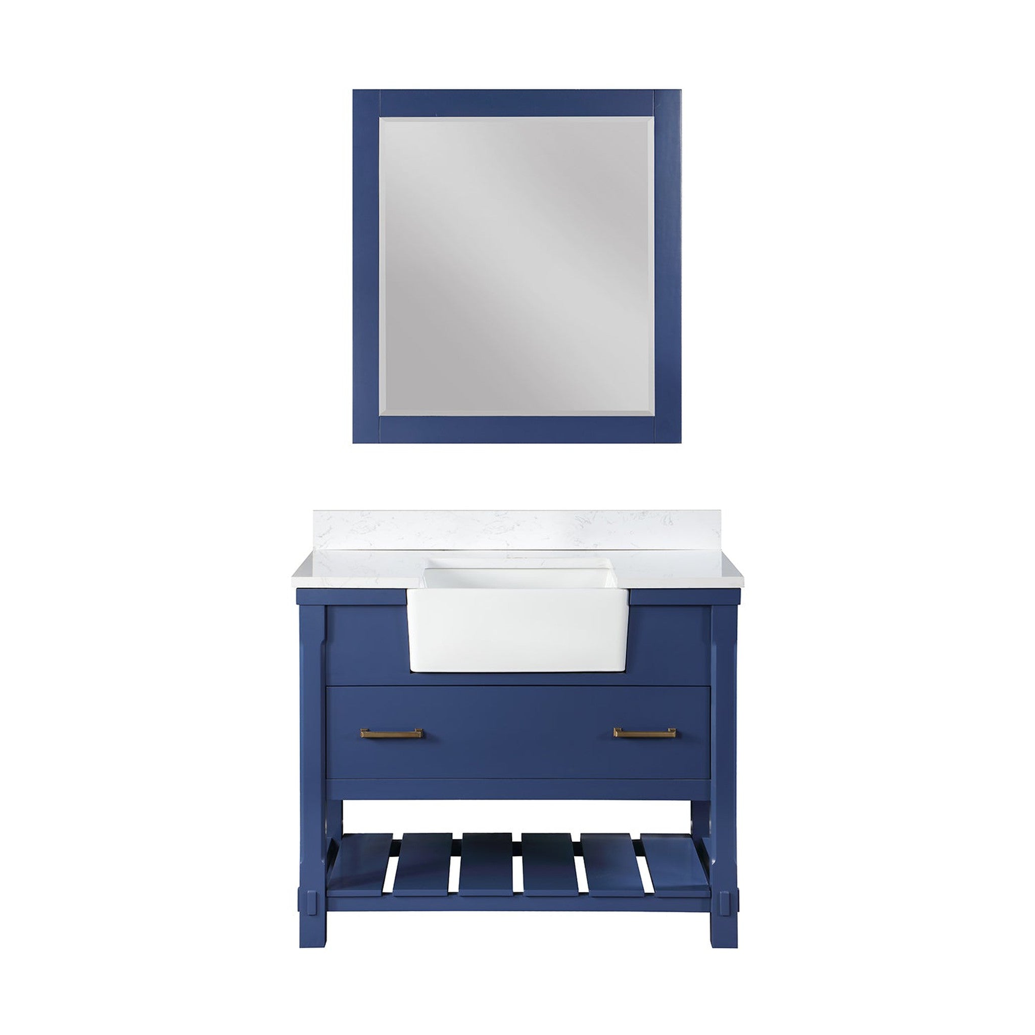 Georgia 42" Single Bathroom Vanity Set in Jewelry Blue and Composite Carrara White Stone Top with White Farmhouse Basin with Mirror