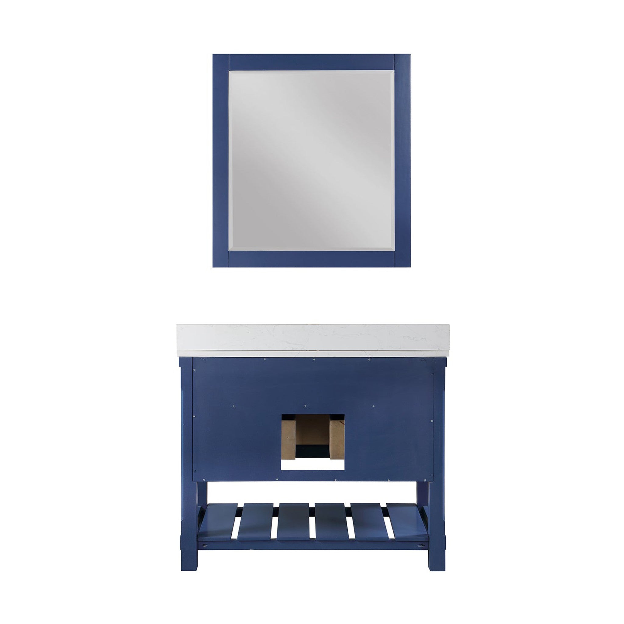 Georgia 42" Single Bathroom Vanity Set in Jewelry Blue and Composite Carrara White Stone Top with White Farmhouse Basin with Mirror