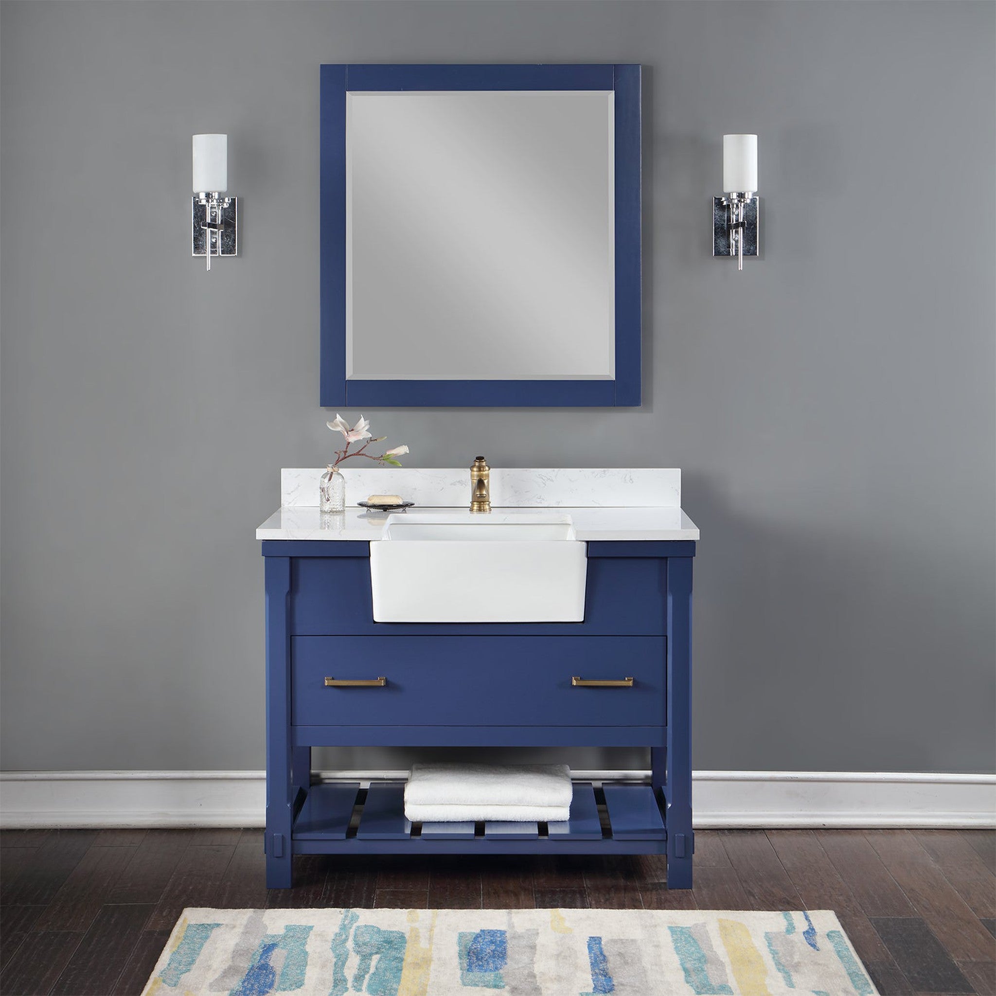 Georgia 42" Single Bathroom Vanity Set in Jewelry Blue and Composite Carrara White Stone Top with White Farmhouse Basin with Mirror