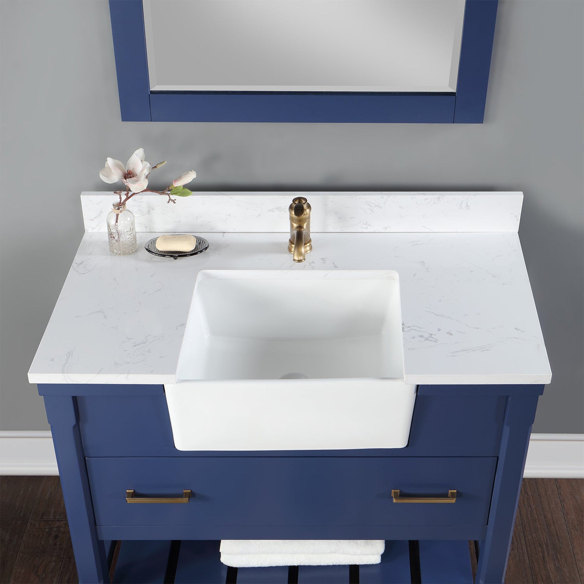 Georgia 42" Single Bathroom Vanity Set in Jewelry Blue and Composite Carrara White Stone Top with White Farmhouse Basin with Mirror