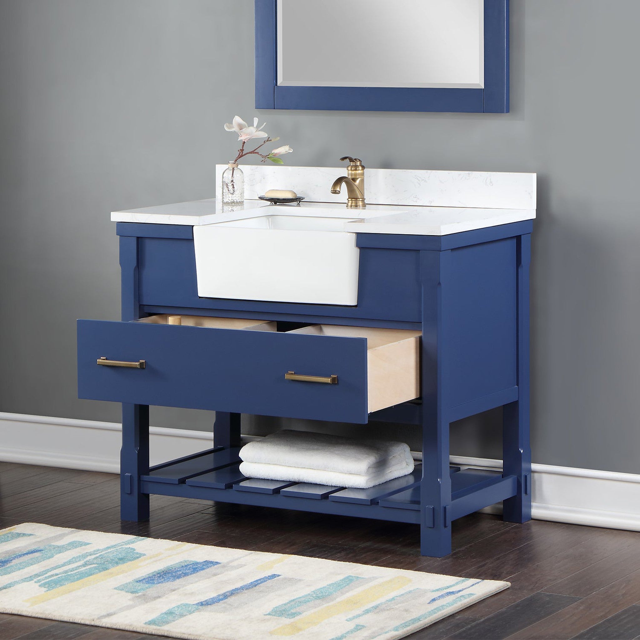 Georgia 42" Single Bathroom Vanity Set in Jewelry Blue and Composite Carrara White Stone Top with White Farmhouse Basin with Mirror