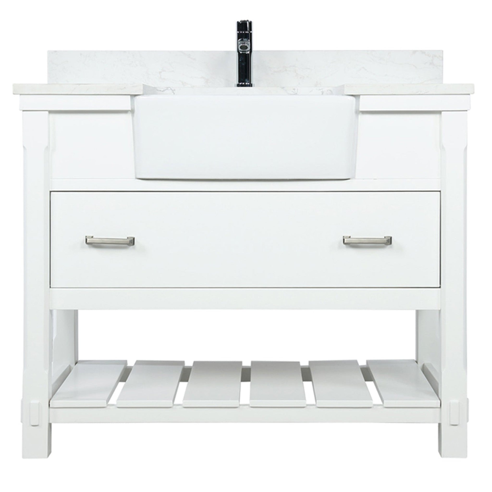 Georgia 42" Single Bathroom Vanity Set in White and Composite Carrara White Stone Top with White Farmhouse Basin without Mirror