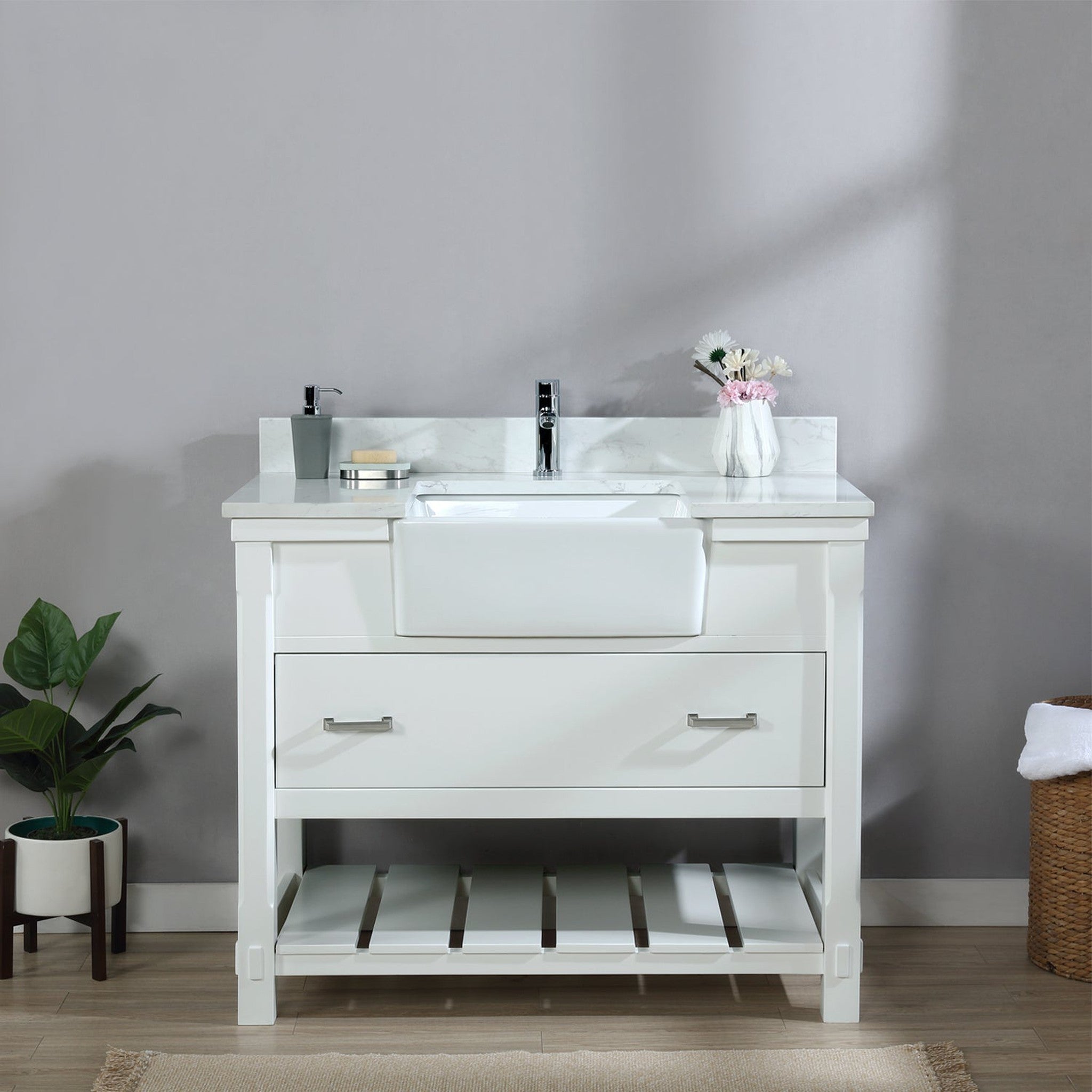 Georgia 42" Single Bathroom Vanity Set in White and Composite Carrara White Stone Top with White Farmhouse Basin without Mirror