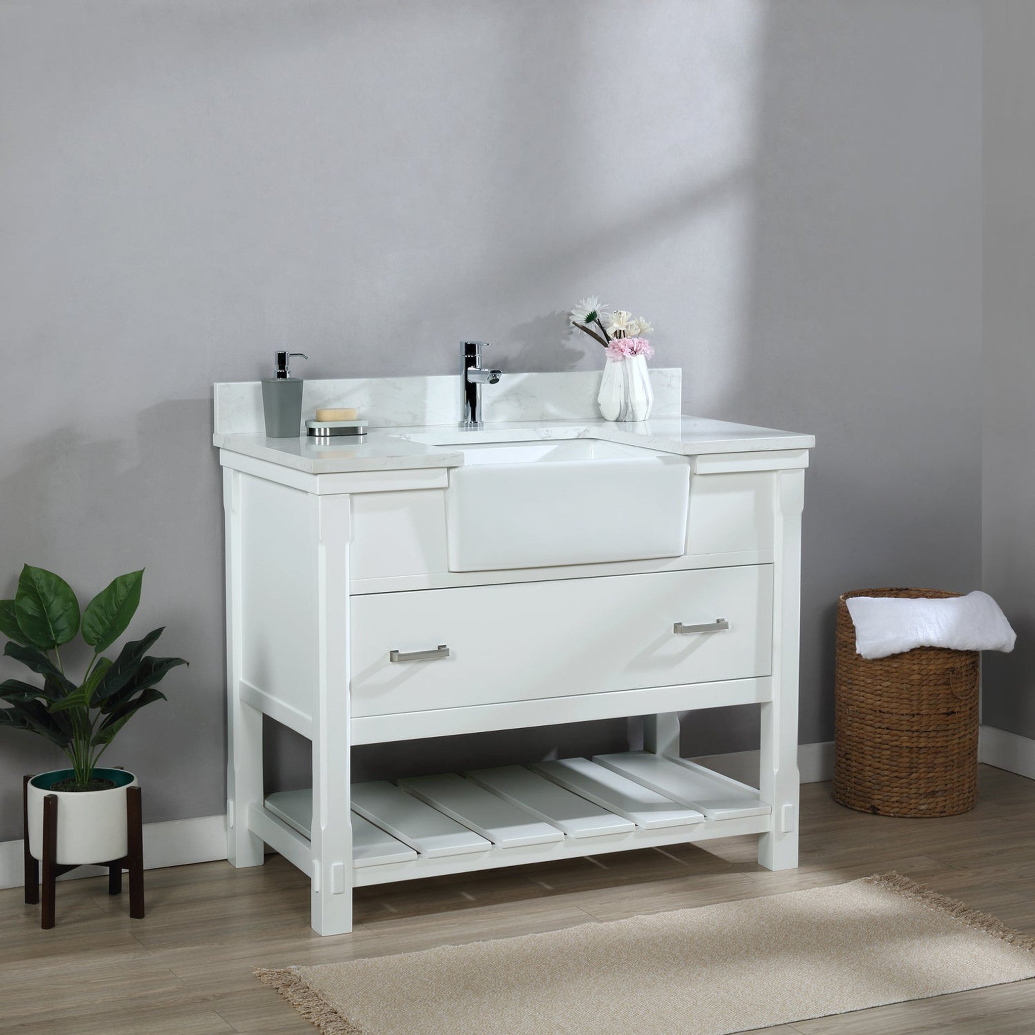 Georgia 42" Single Bathroom Vanity Set in White and Composite Carrara White Stone Top with White Farmhouse Basin without Mirror