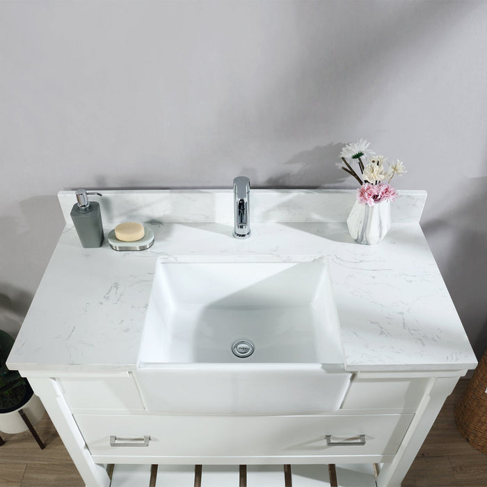 Georgia 42" Single Bathroom Vanity Set in White and Composite Carrara White Stone Top with White Farmhouse Basin without Mirror