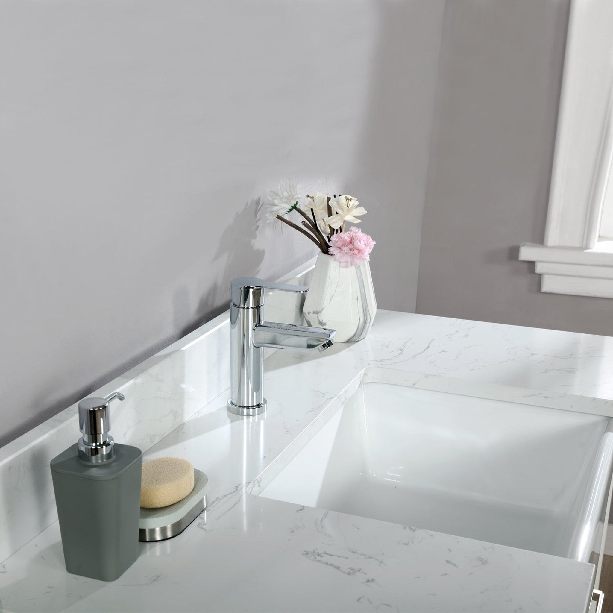 Georgia 42" Single Bathroom Vanity Set in White and Composite Carrara White Stone Top with White Farmhouse Basin without Mirror