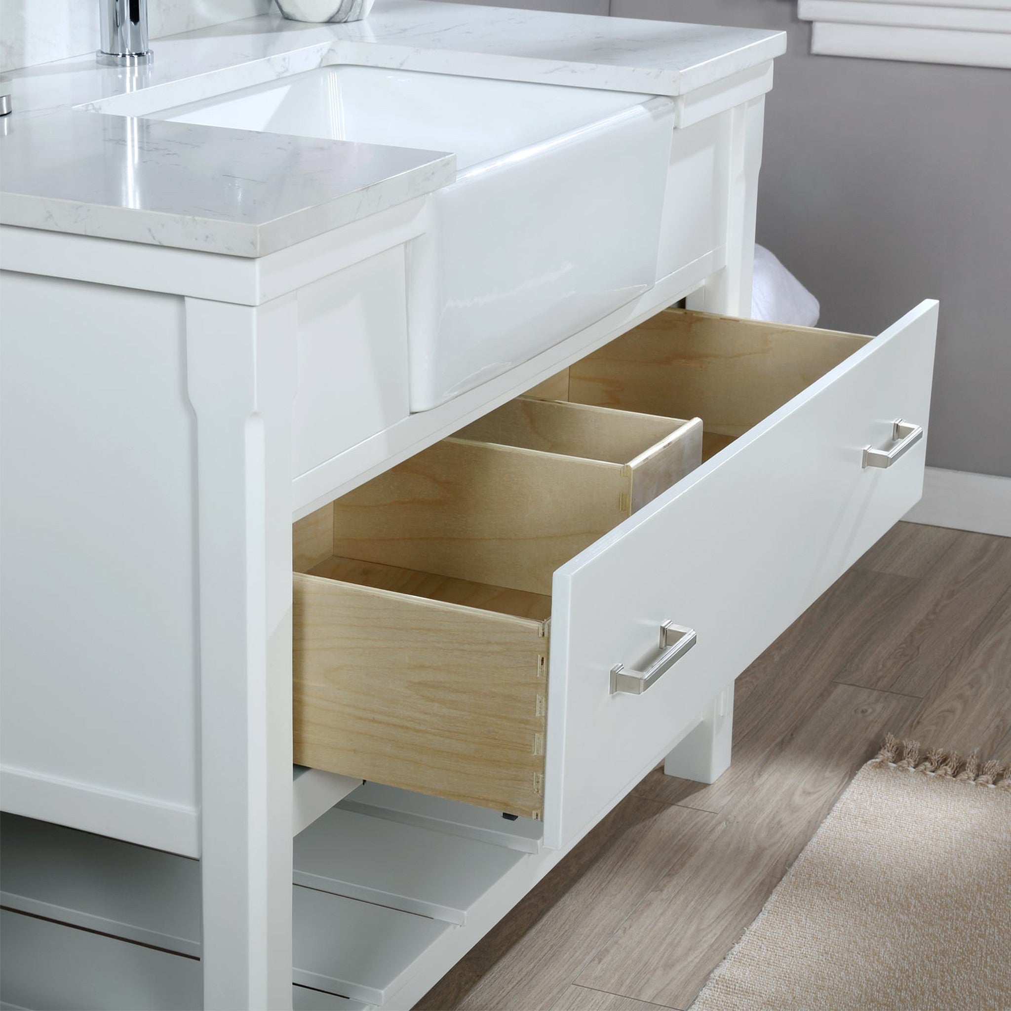 Georgia 42" Single Bathroom Vanity Set in White and Composite Carrara White Stone Top with White Farmhouse Basin without Mirror