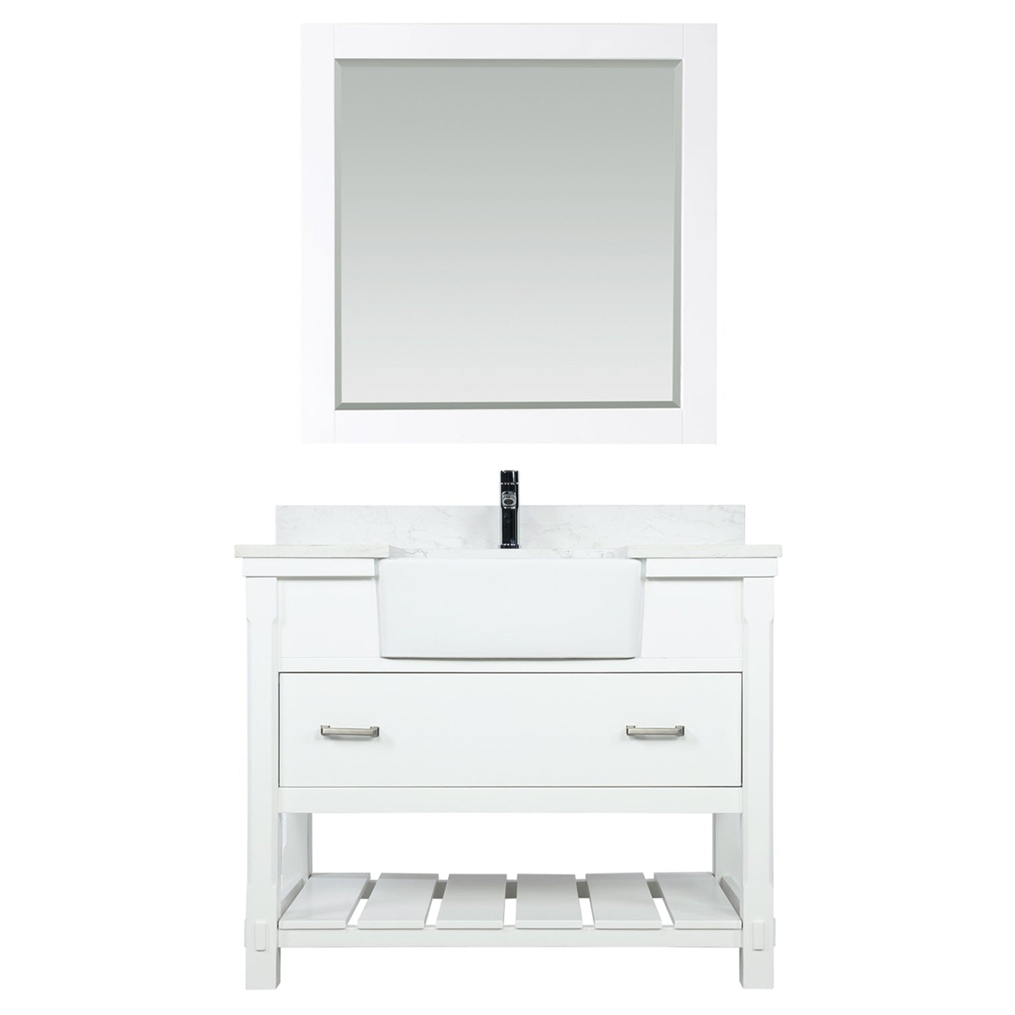 Georgia 42" Single Bathroom Vanity Set in White and Composite Carrara White Stone Top with White Farmhouse Basin with Mirror