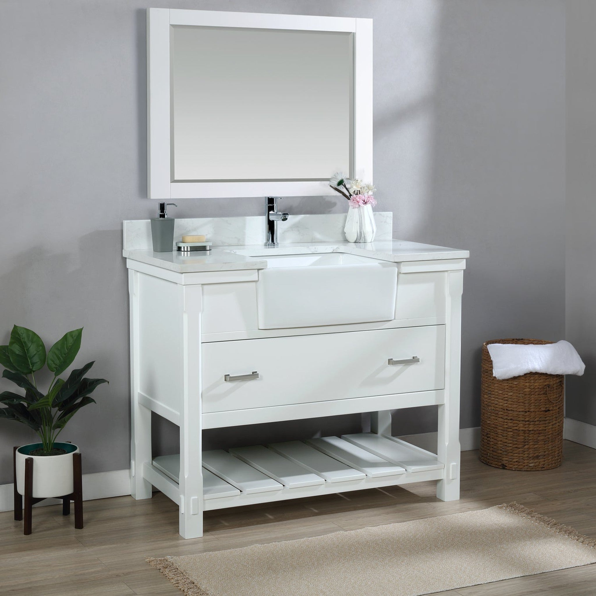 Georgia 42" Single Bathroom Vanity Set in White and Composite Carrara White Stone Top with White Farmhouse Basin with Mirror