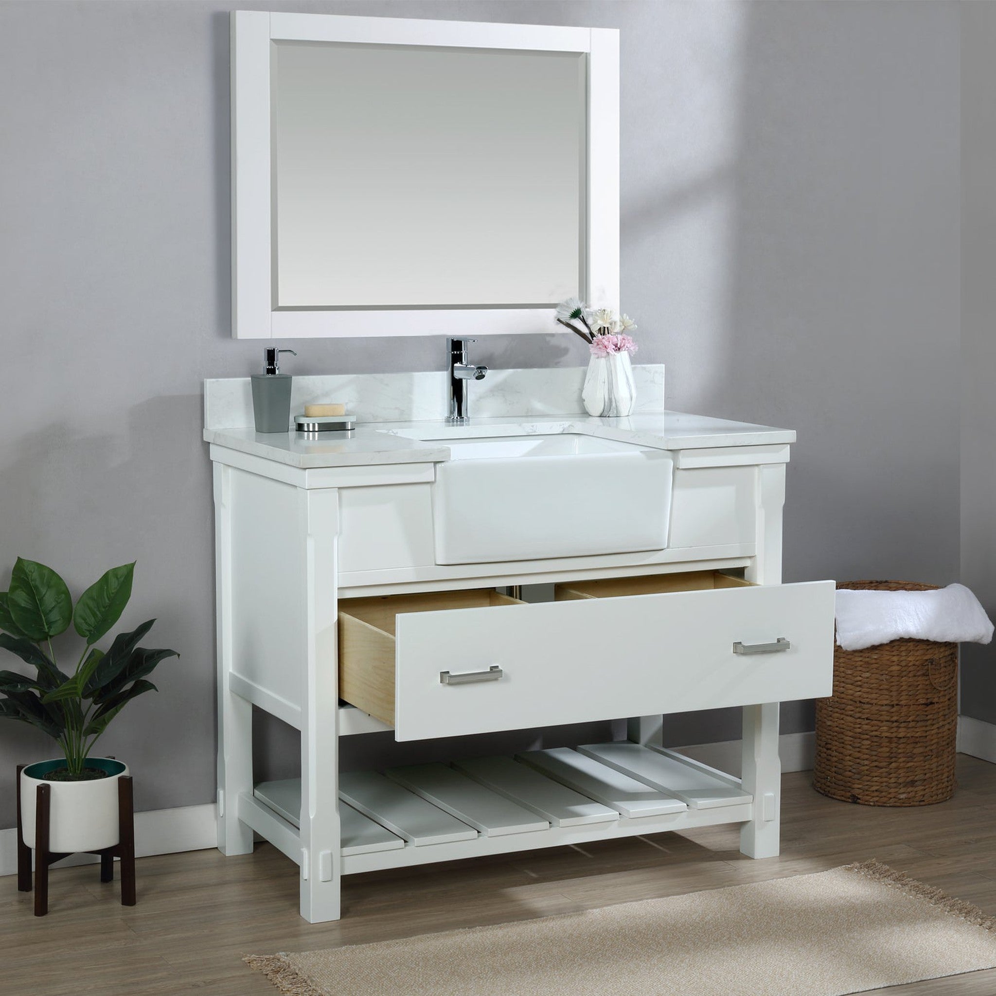 Georgia 42" Single Bathroom Vanity Set in White and Composite Carrara White Stone Top with White Farmhouse Basin with Mirror