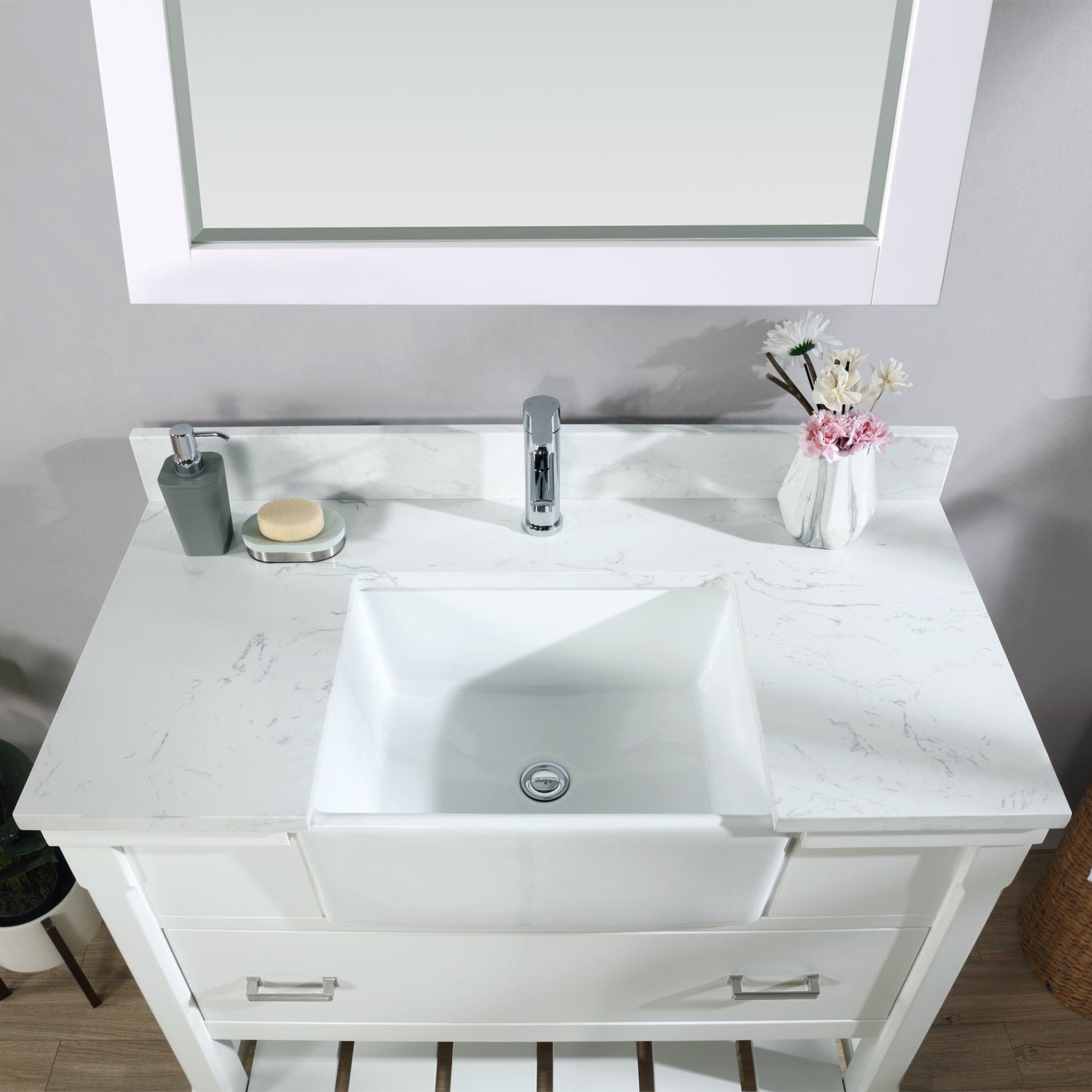 Georgia 42" Single Bathroom Vanity Set in White and Composite Carrara White Stone Top with White Farmhouse Basin with Mirror