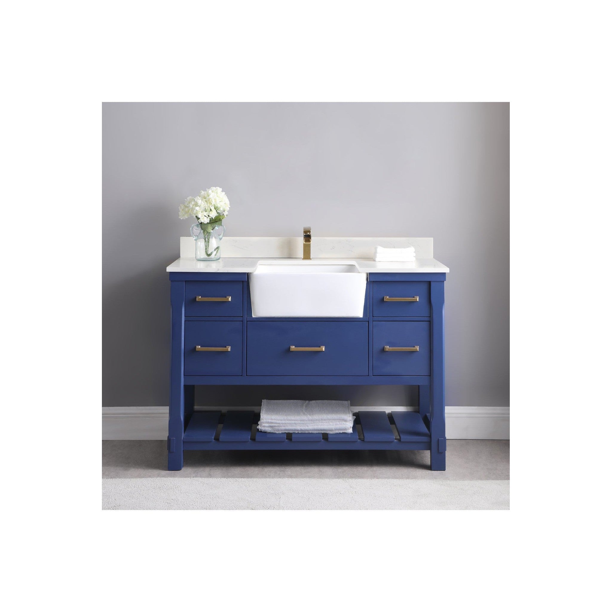 Georgia 48" Single Bathroom Vanity Set in Jewelry Blue and Composite Carrara White Stone Top with White Farmhouse Basin without Mirror