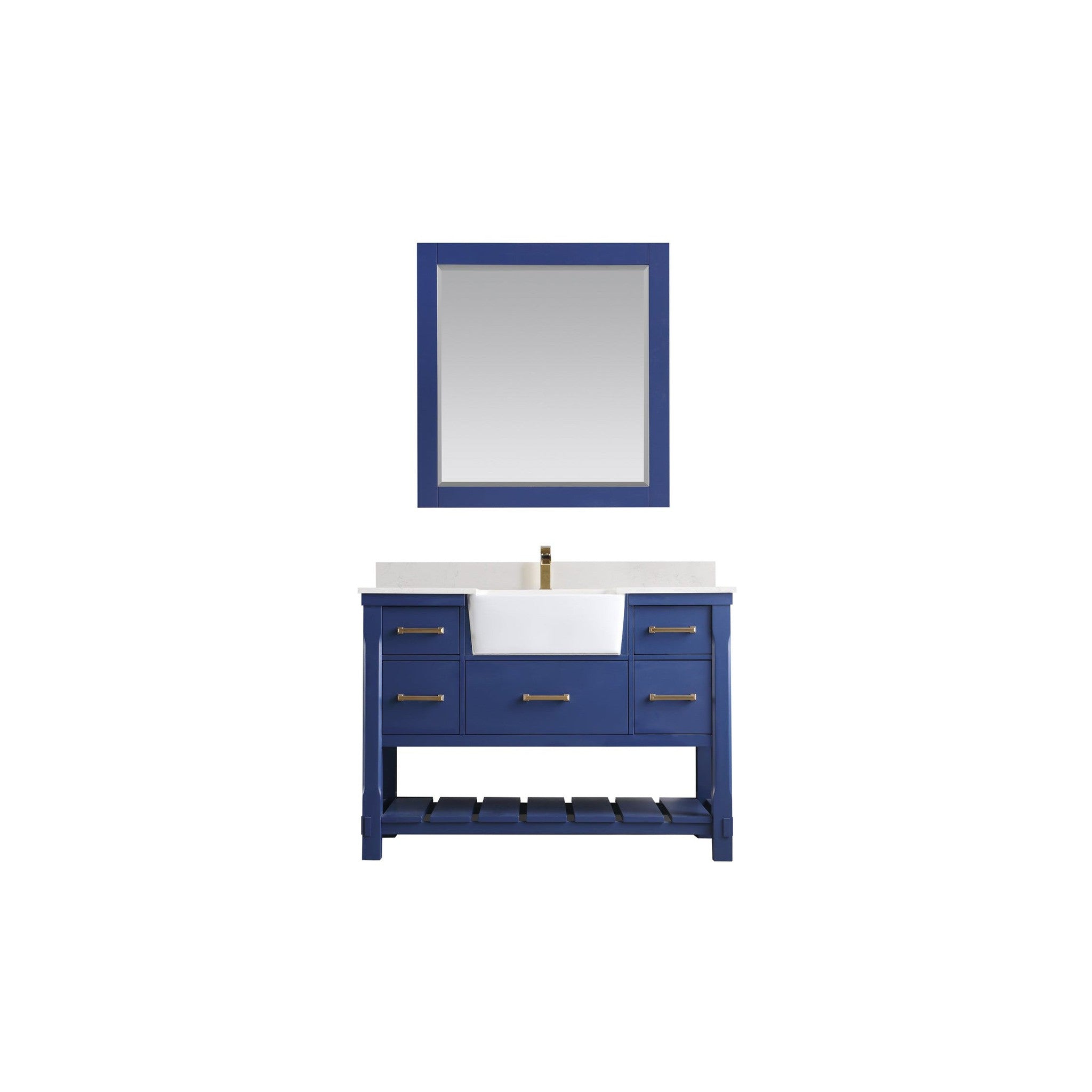 Georgia 48" Single Bathroom Vanity Set in Jewelry Blue and Composite Carrara White Stone Top with White Farmhouse Basin with Mirror