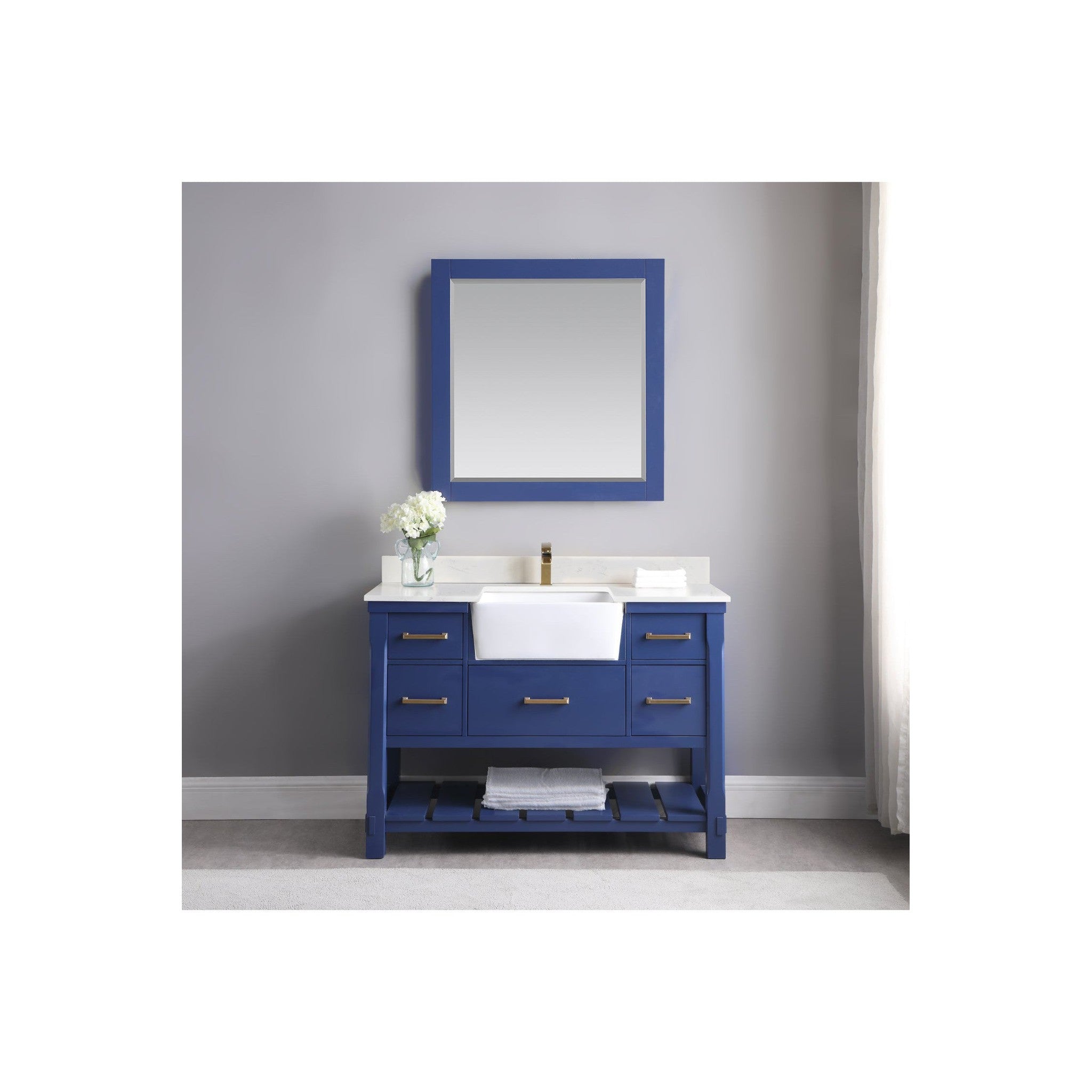 Georgia 48" Single Bathroom Vanity Set in Jewelry Blue and Composite Carrara White Stone Top with White Farmhouse Basin with Mirror