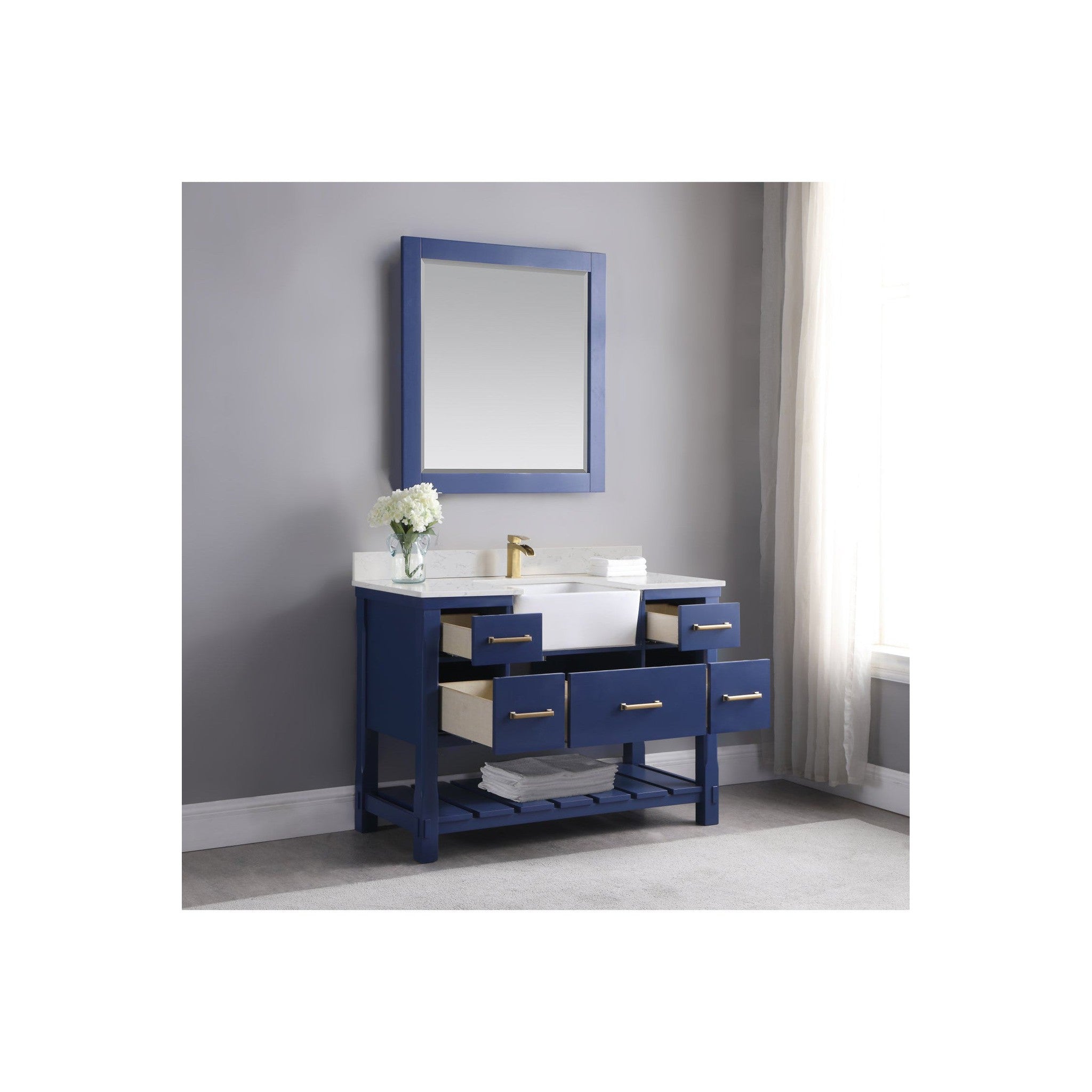 Georgia 48" Single Bathroom Vanity Set in Jewelry Blue and Composite Carrara White Stone Top with White Farmhouse Basin with Mirror