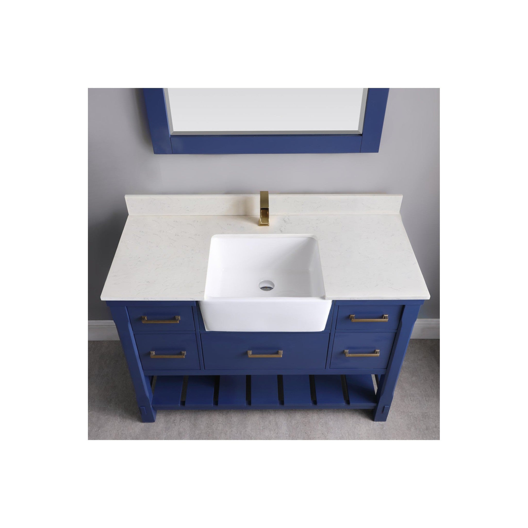 Georgia 48" Single Bathroom Vanity Set in Jewelry Blue and Composite Carrara White Stone Top with White Farmhouse Basin with Mirror