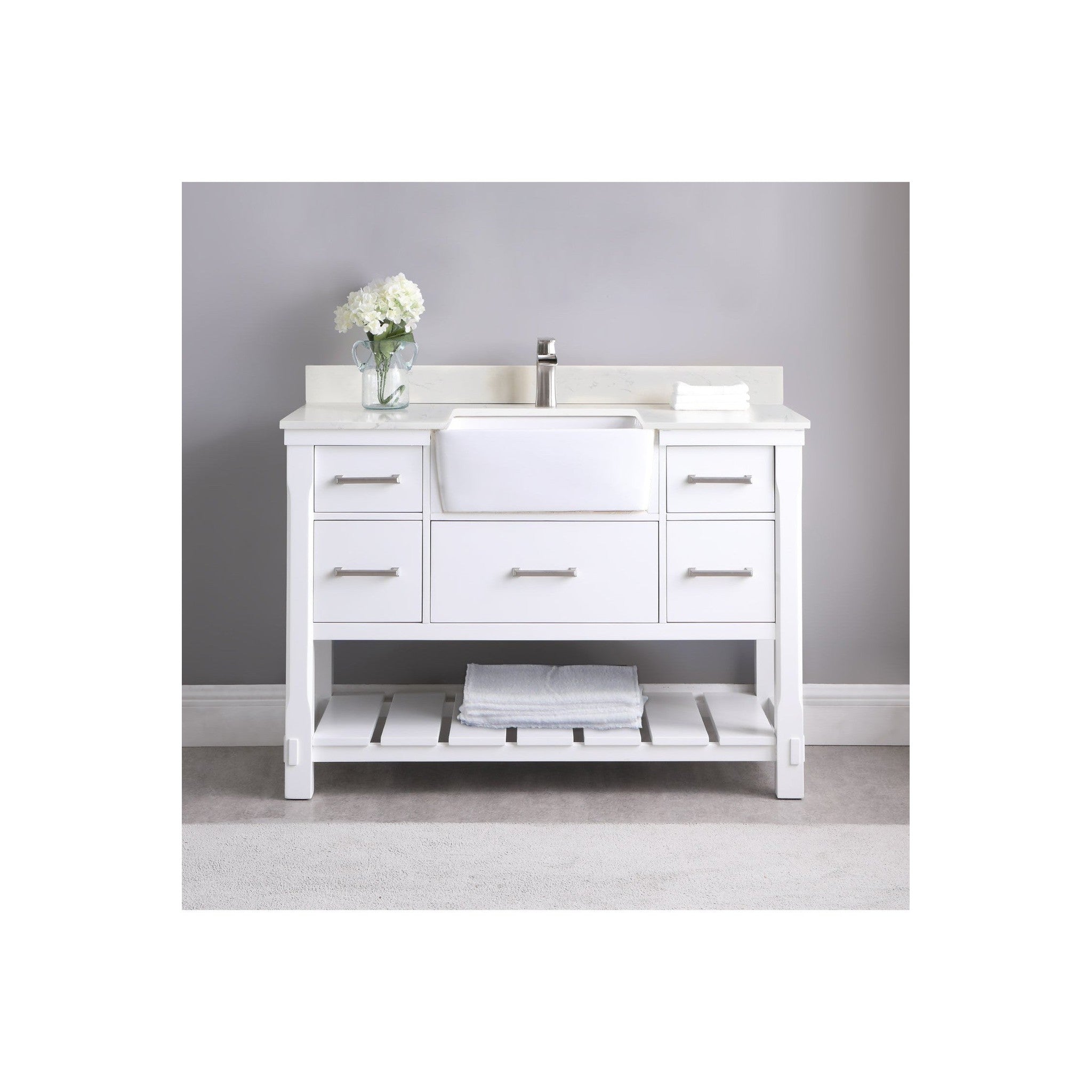 Georgia 48" Single Bathroom Vanity Set in White and Composite Carrara White Stone Top with White Farmhouse Basin without Mirror