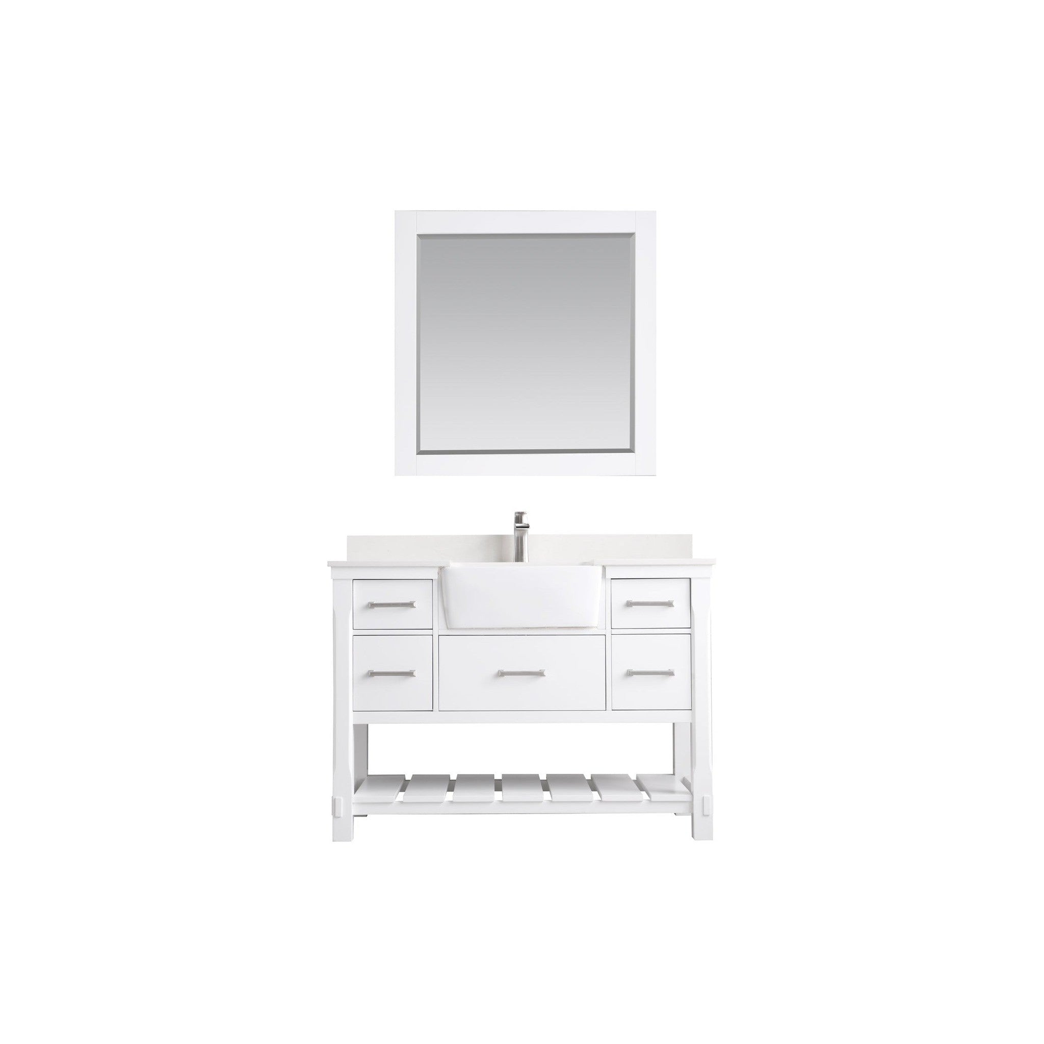 Georgia 48" Single Bathroom Vanity Set in White and Composite Carrara White Stone Top with White Farmhouse Basin with Mirror