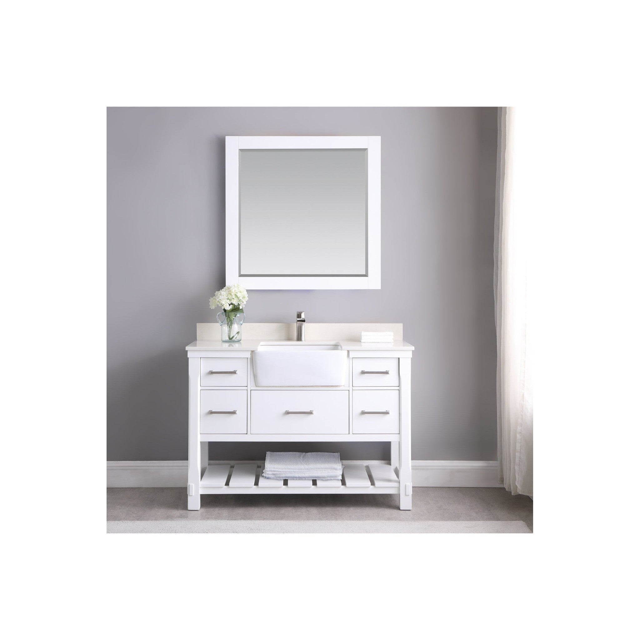 Georgia 48" Single Bathroom Vanity Set in White and Composite Carrara White Stone Top with White Farmhouse Basin with Mirror