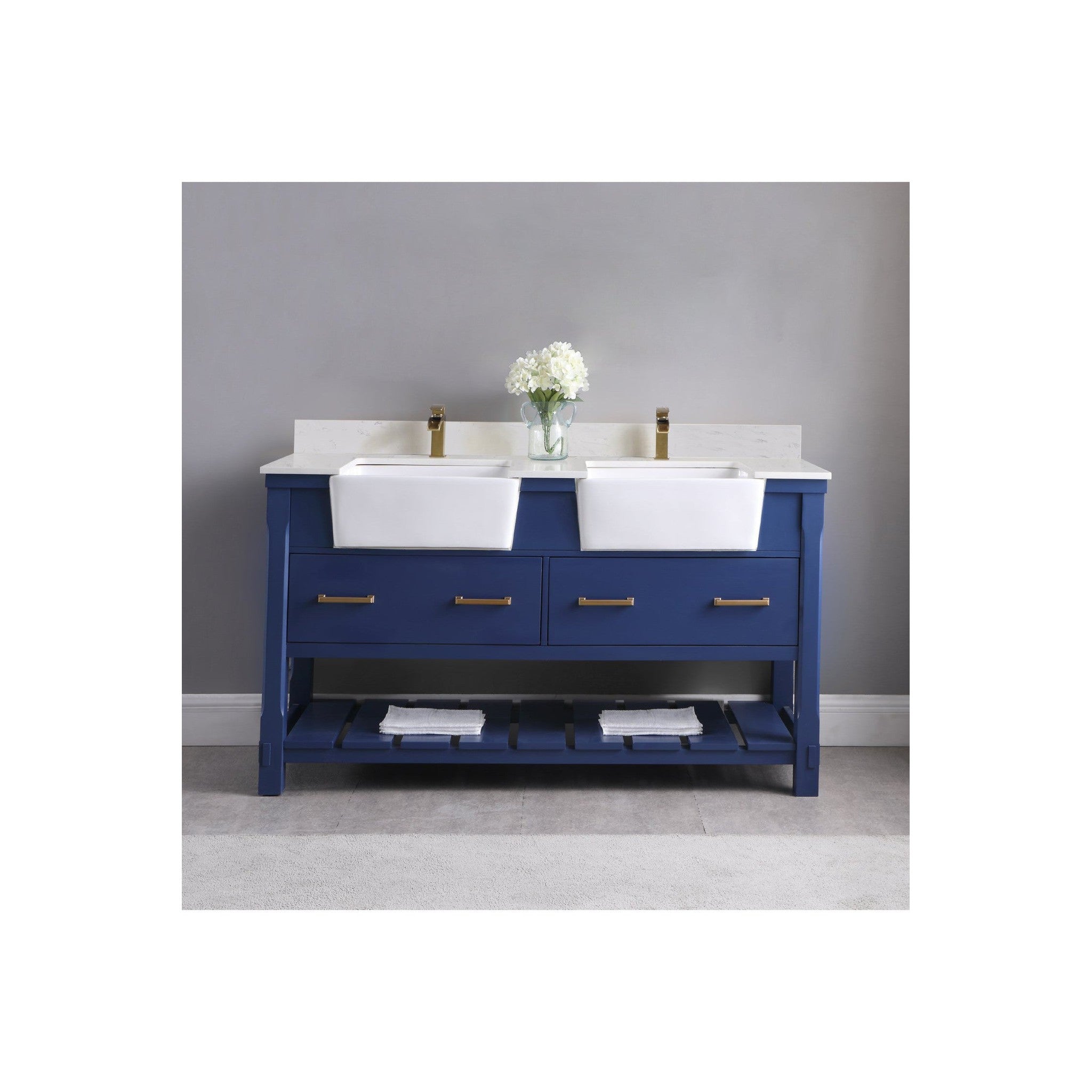 Georgia 60" Double Bathroom Vanity Set in Jewelry Blue and Composite Carrara White Stone Top with White Farmhouse Basin without Mirror