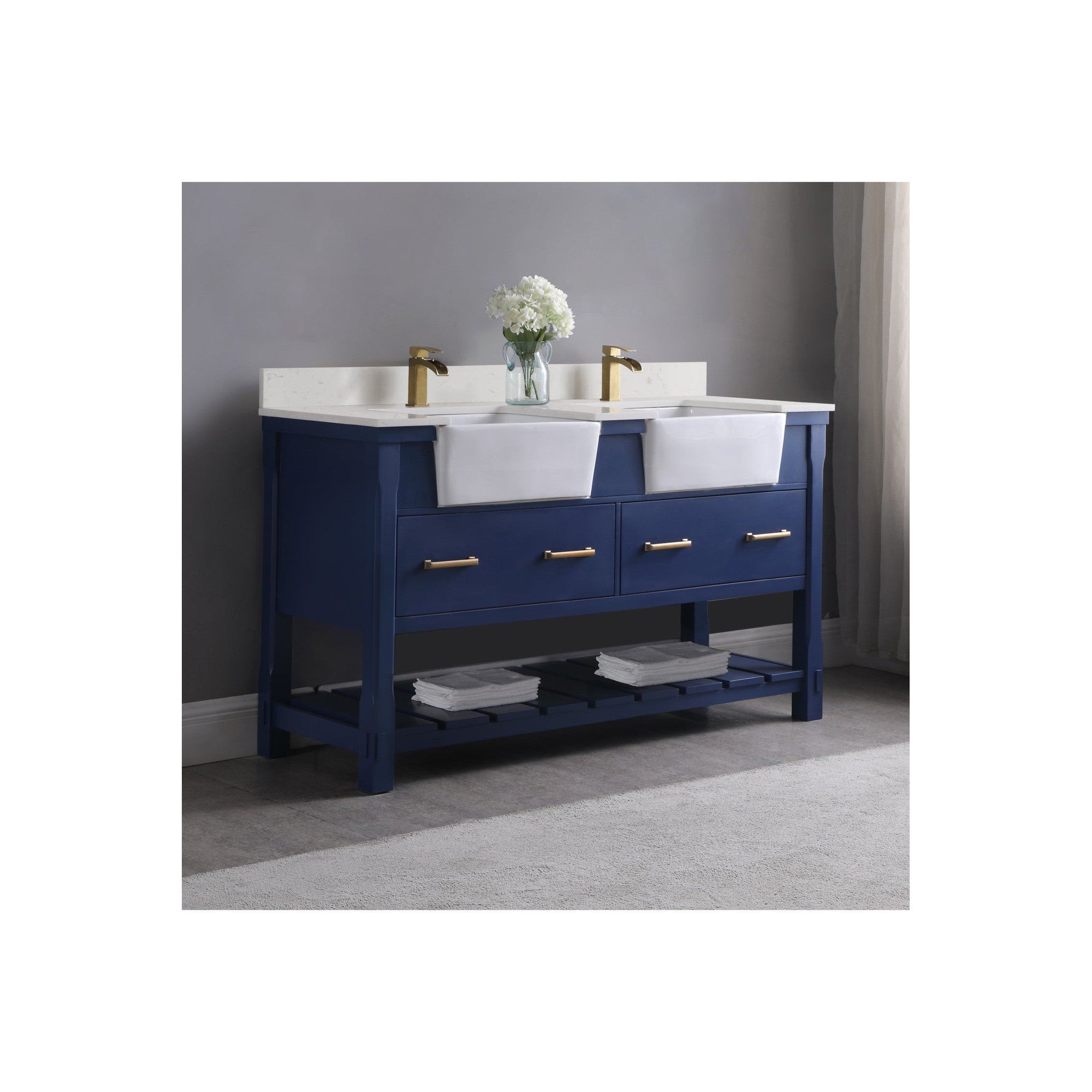 Georgia 60" Double Bathroom Vanity Set in Jewelry Blue and Composite Carrara White Stone Top with White Farmhouse Basin without Mirror