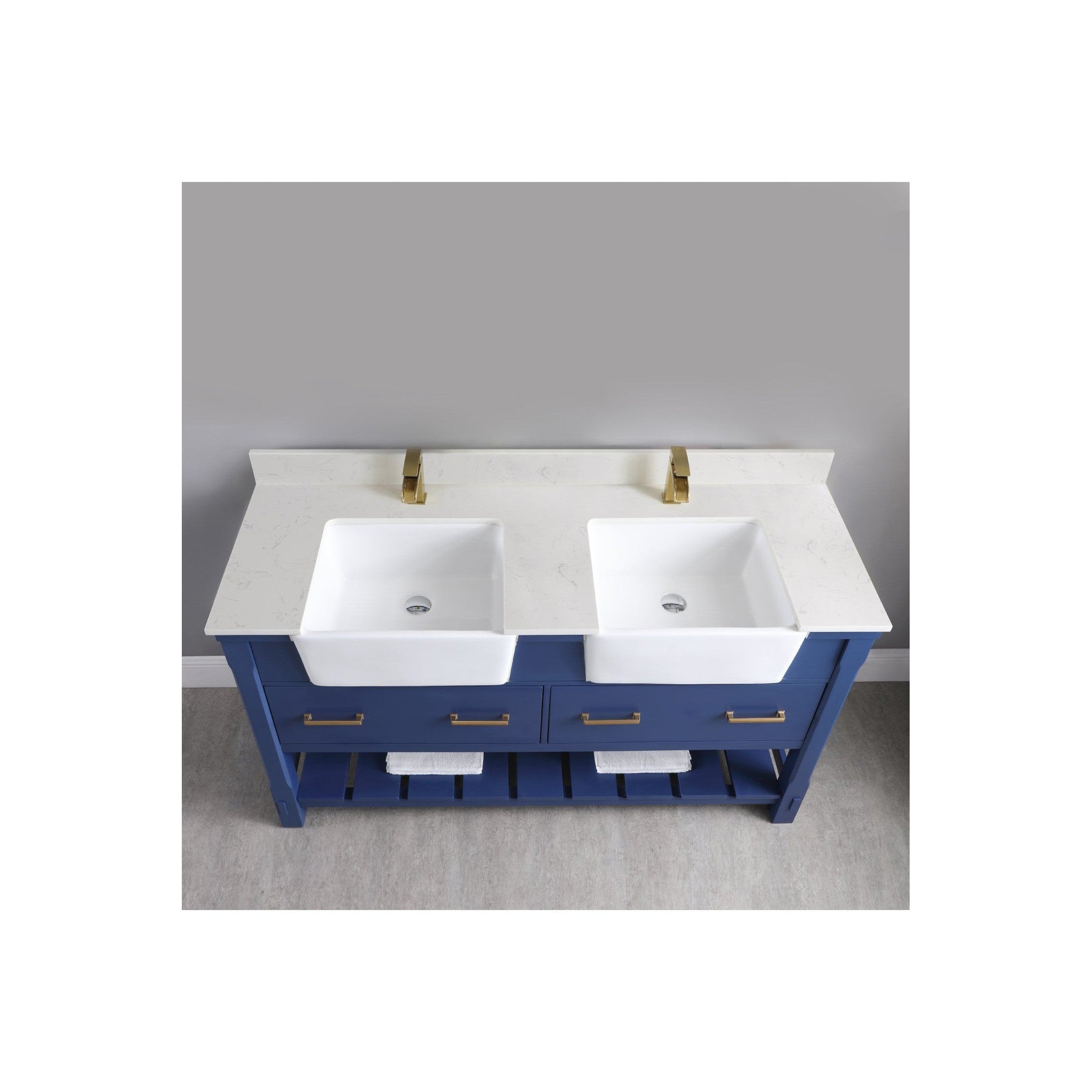 Georgia 60" Double Bathroom Vanity Set in Jewelry Blue and Composite Carrara White Stone Top with White Farmhouse Basin without Mirror