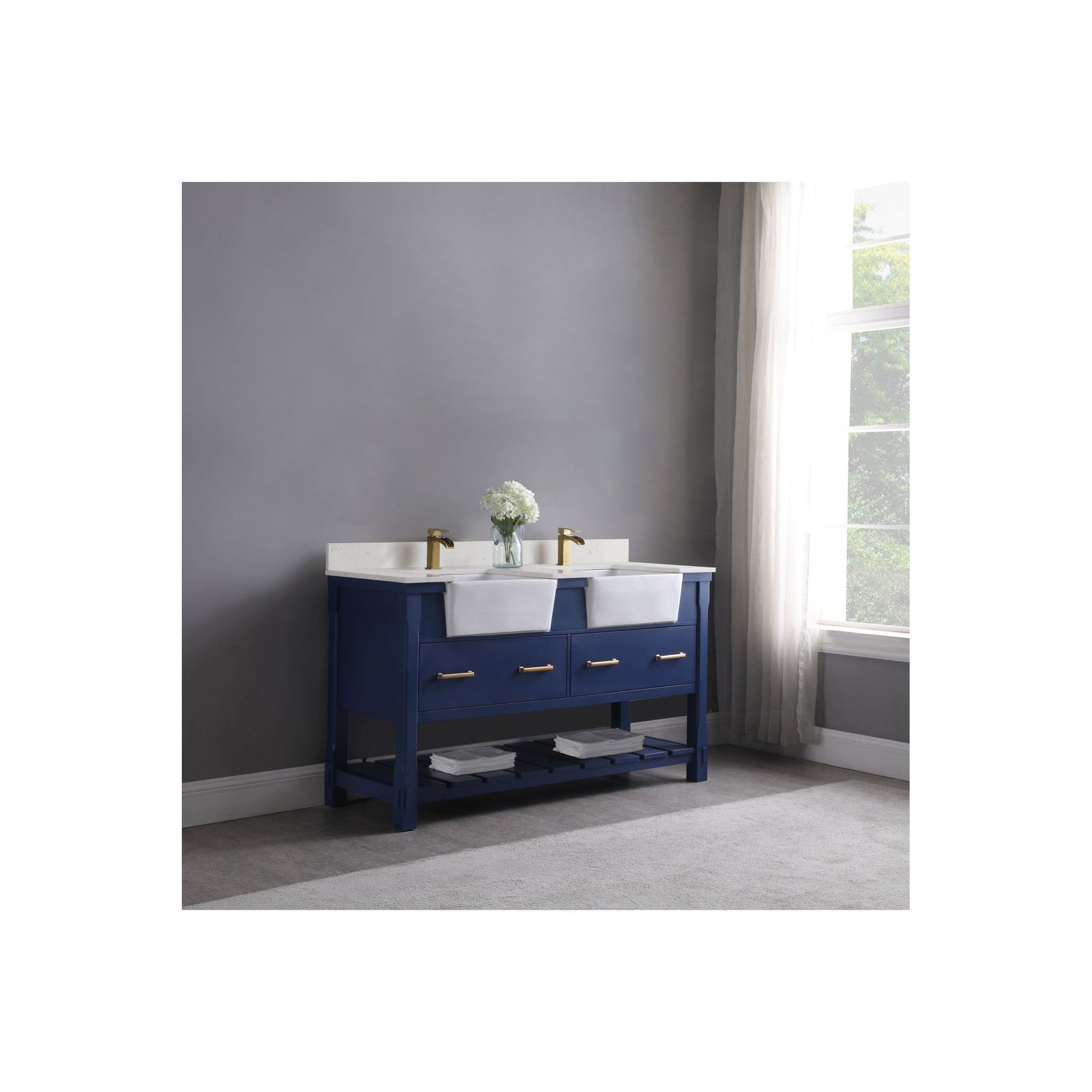 Georgia 60" Double Bathroom Vanity Set in Jewelry Blue and Composite Carrara White Stone Top with White Farmhouse Basin without Mirror