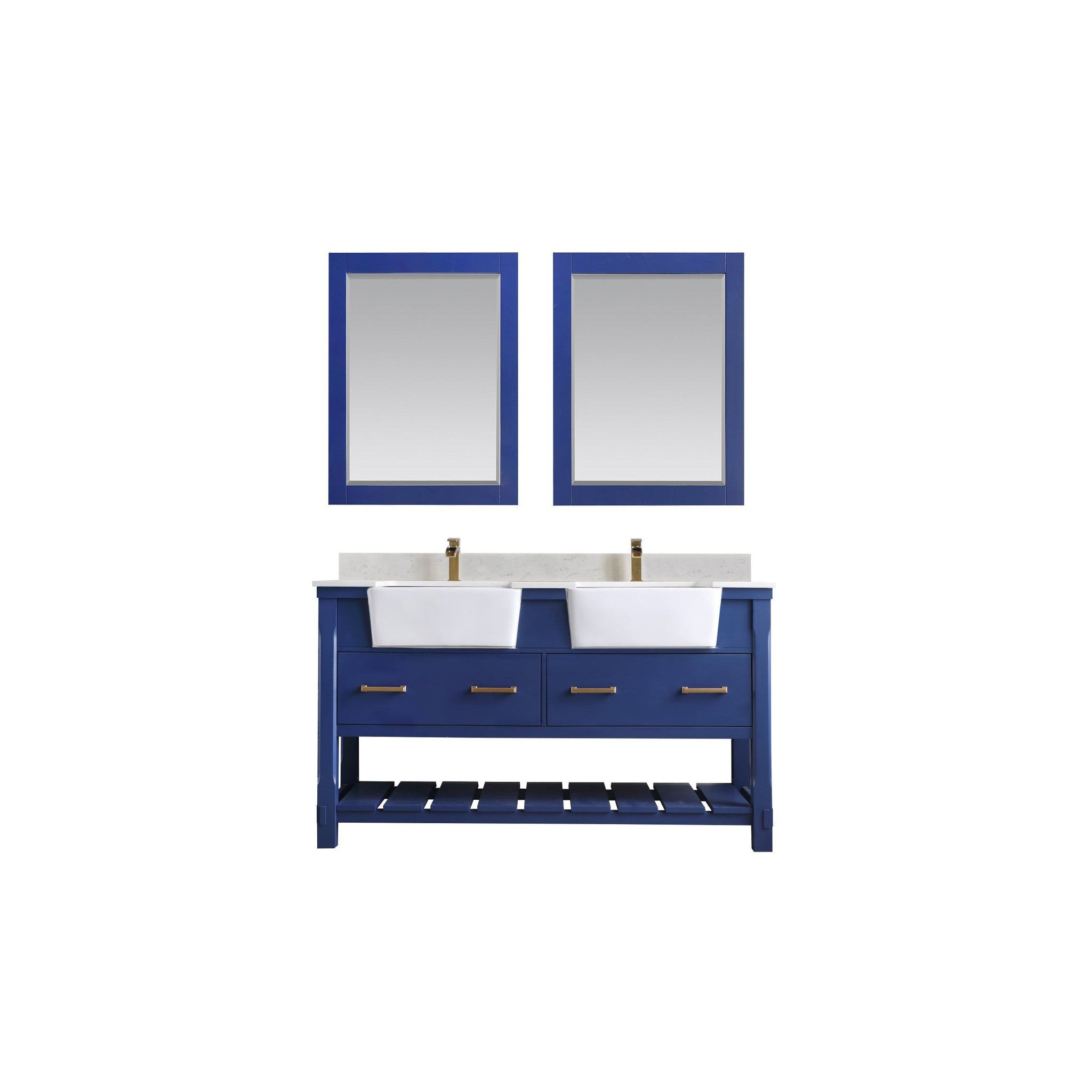 Georgia 60" Double Bathroom Vanity Set in Jewelry Blue and Composite Carrara White Stone Top with White Farmhouse Basin with Mirror