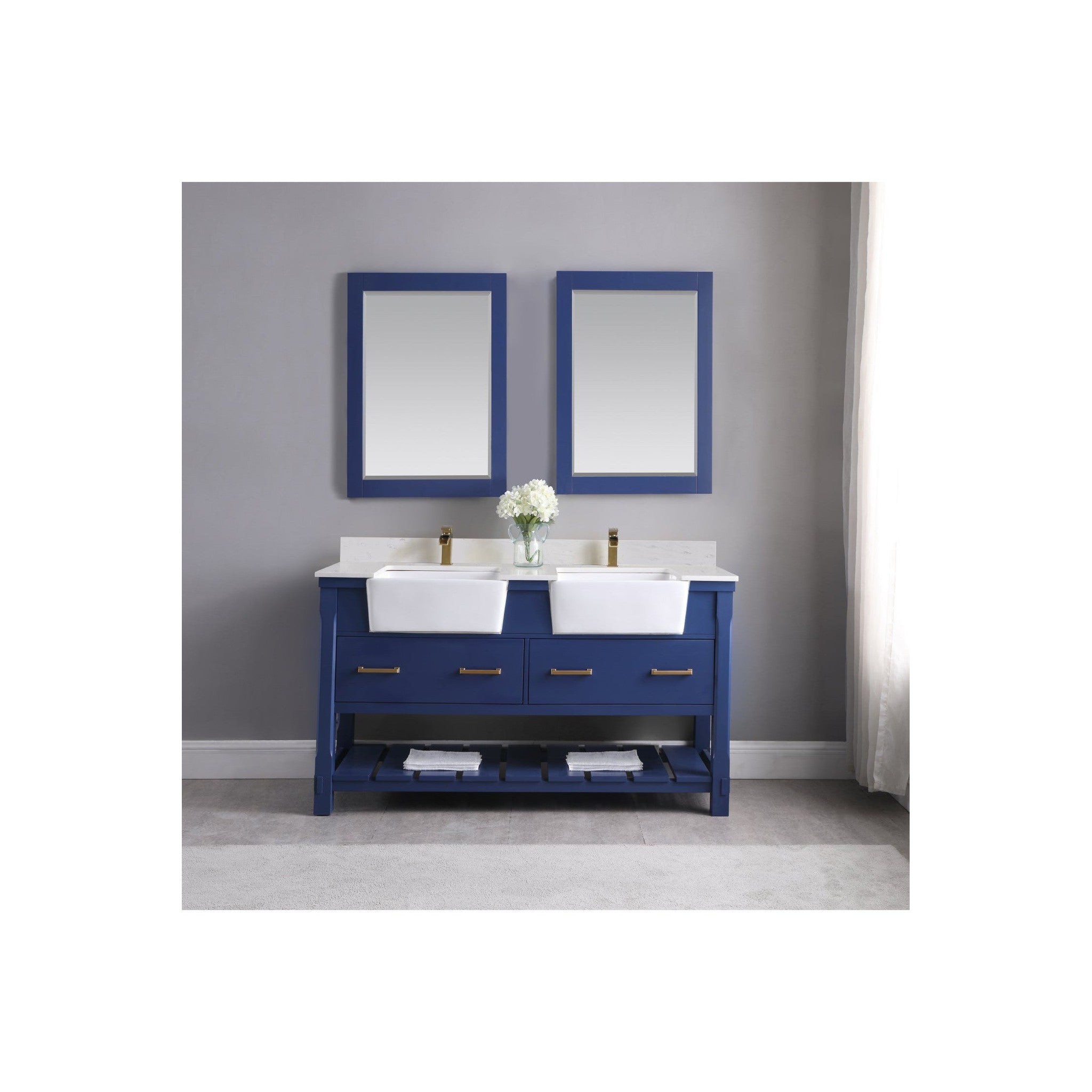 Georgia 60" Double Bathroom Vanity Set in Jewelry Blue and Composite Carrara White Stone Top with White Farmhouse Basin with Mirror