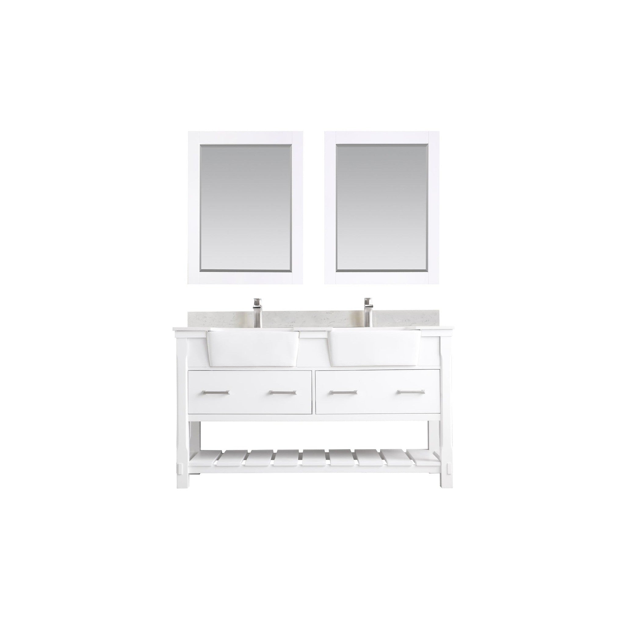 Georgia 60" Double Bathroom Vanity Set in White and Composite Carrara White Stone Top with White Farmhouse Basin with Mirror