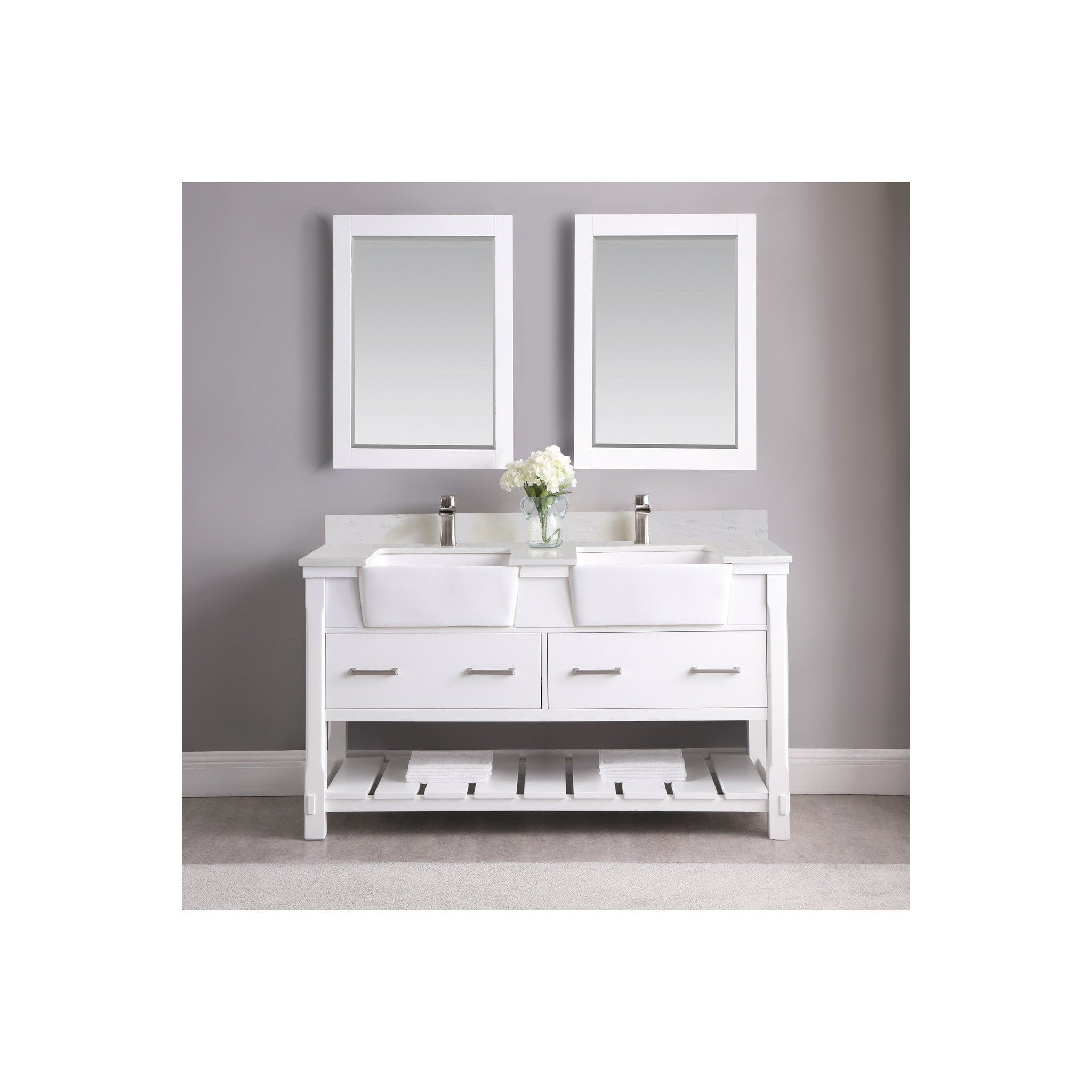 Georgia 60" Double Bathroom Vanity Set in White and Composite Carrara White Stone Top with White Farmhouse Basin with Mirror