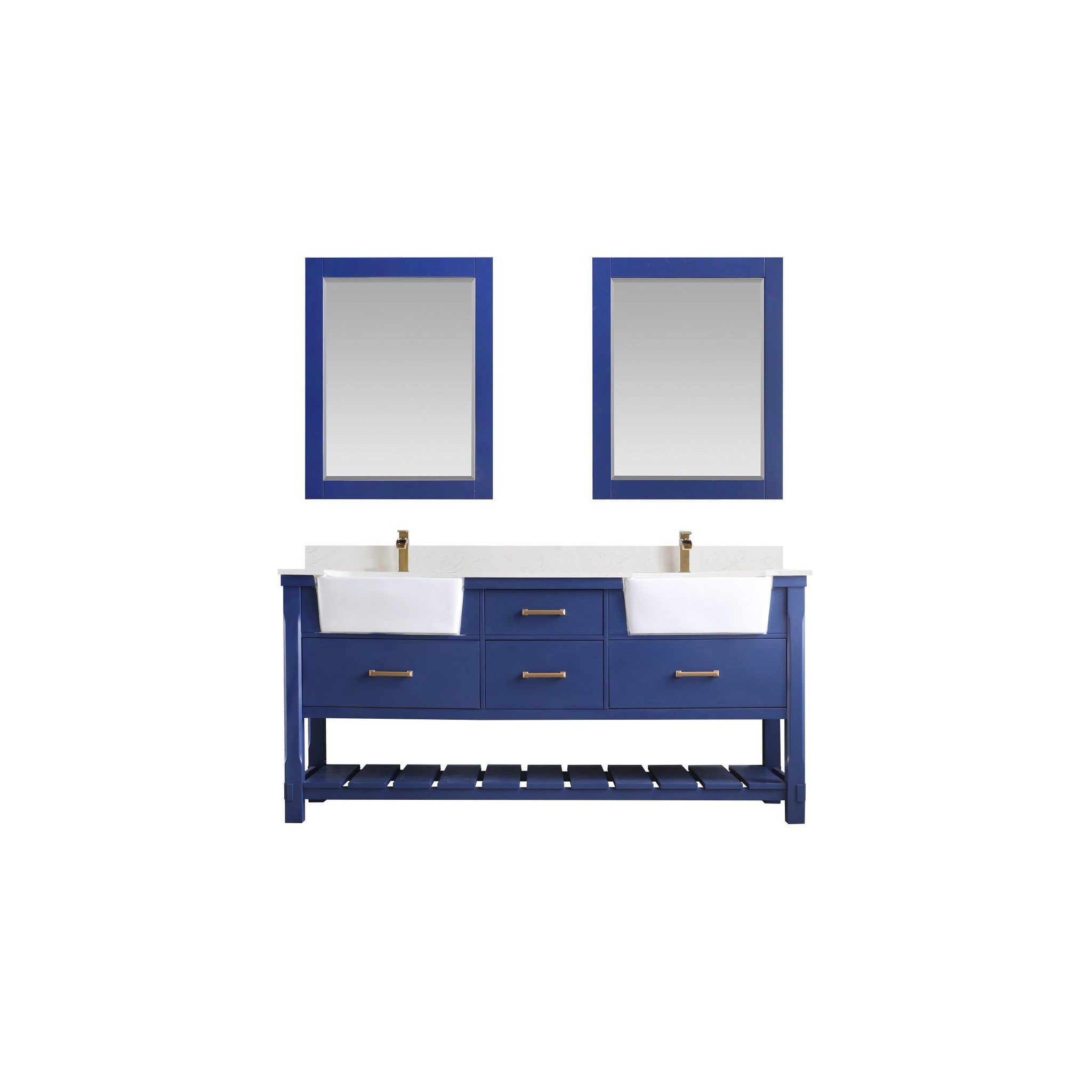 Georgia 72" Double Bathroom Vanity Set in Jewelry Blue and Composite Carrara White Stone Top with White Farmhouse Basin with Mirror