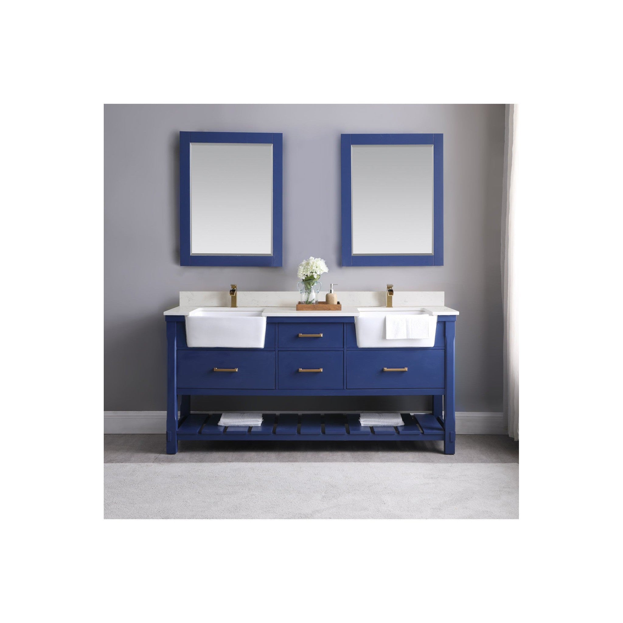 Georgia 72" Double Bathroom Vanity Set in Jewelry Blue and Composite Carrara White Stone Top with White Farmhouse Basin with Mirror