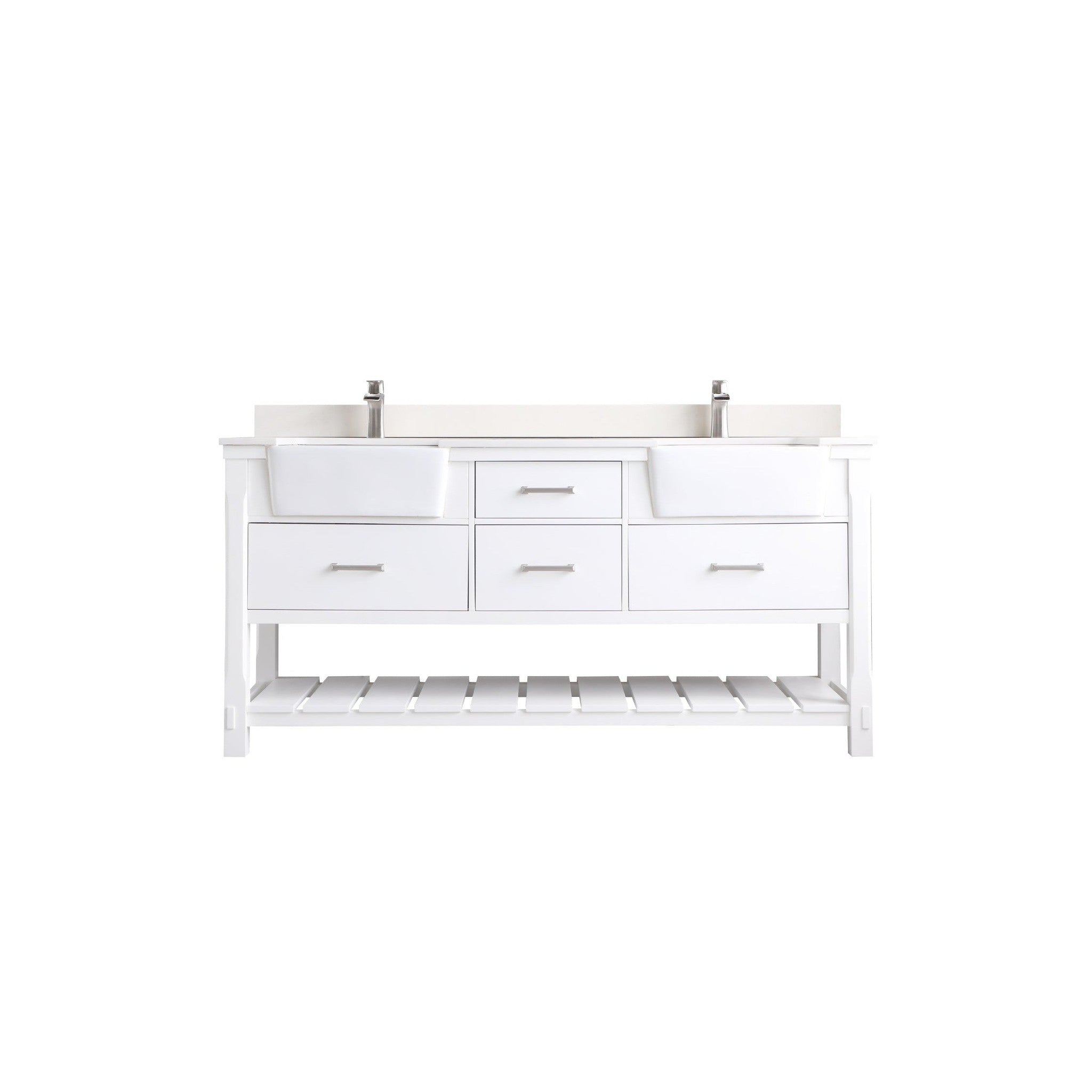 Georgia 72" Double Bathroom Vanity Set in White and Composite Carrara White Stone Top with White Farmhouse Basin without Mirror