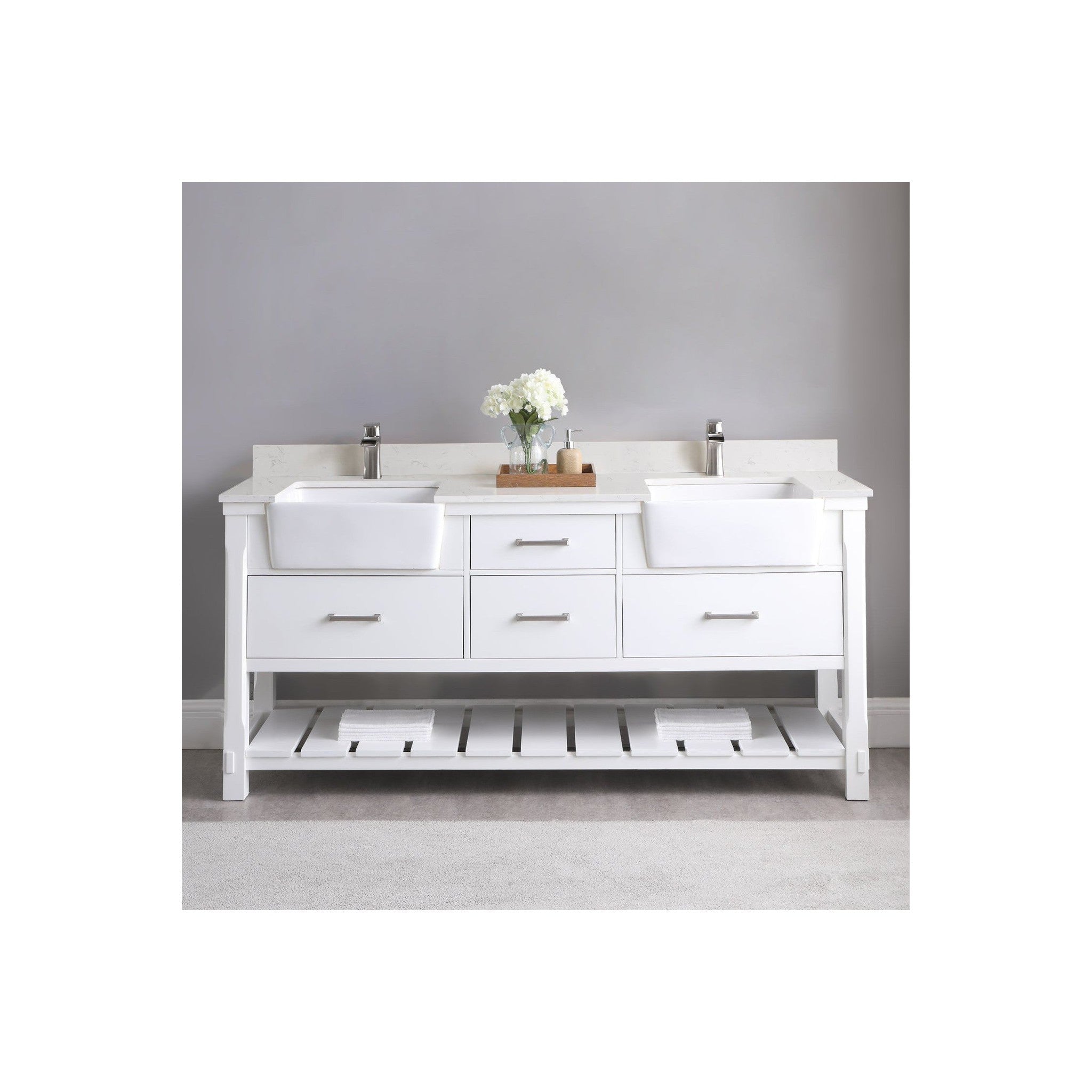 Georgia 72" Double Bathroom Vanity Set in White and Composite Carrara White Stone Top with White Farmhouse Basin without Mirror