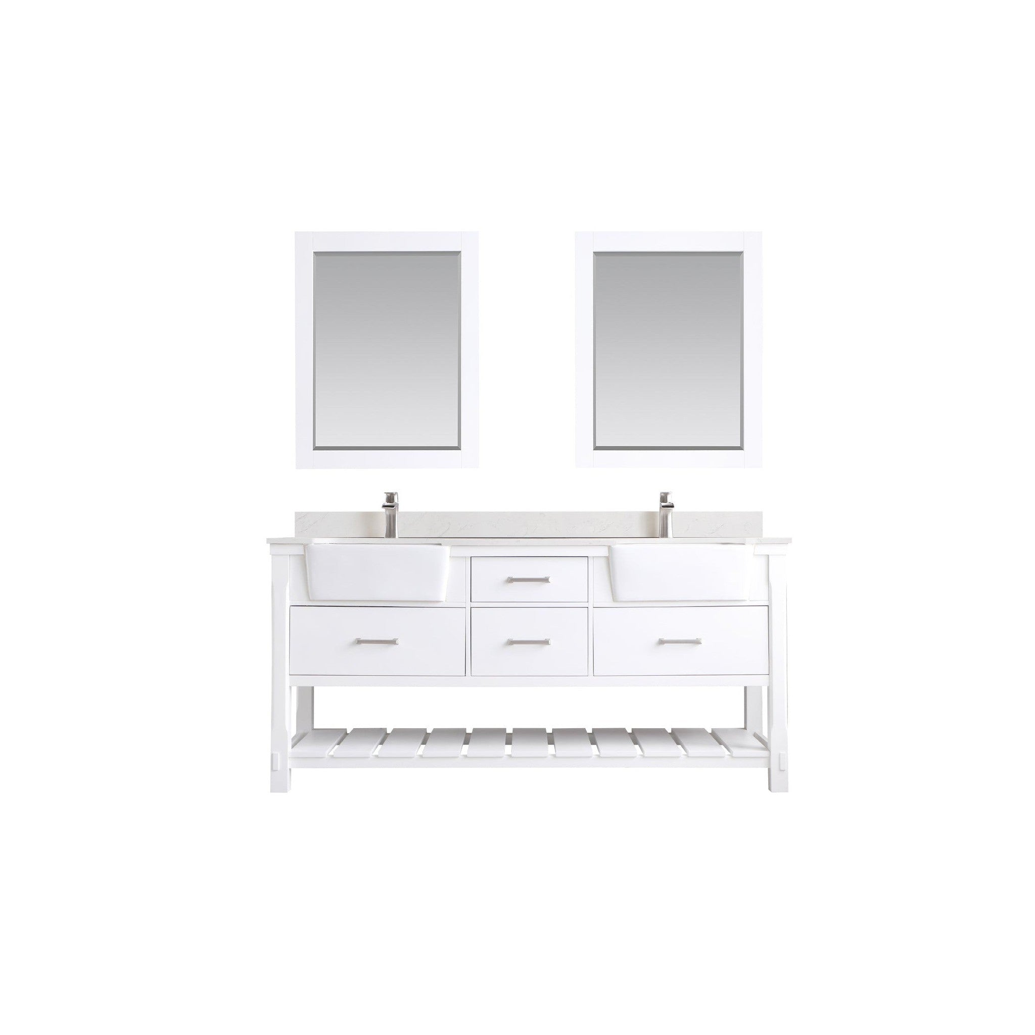 Georgia 72" Double Bathroom Vanity Set in White and Composite Carrara White Stone Top with White Farmhouse Basin with Mirror